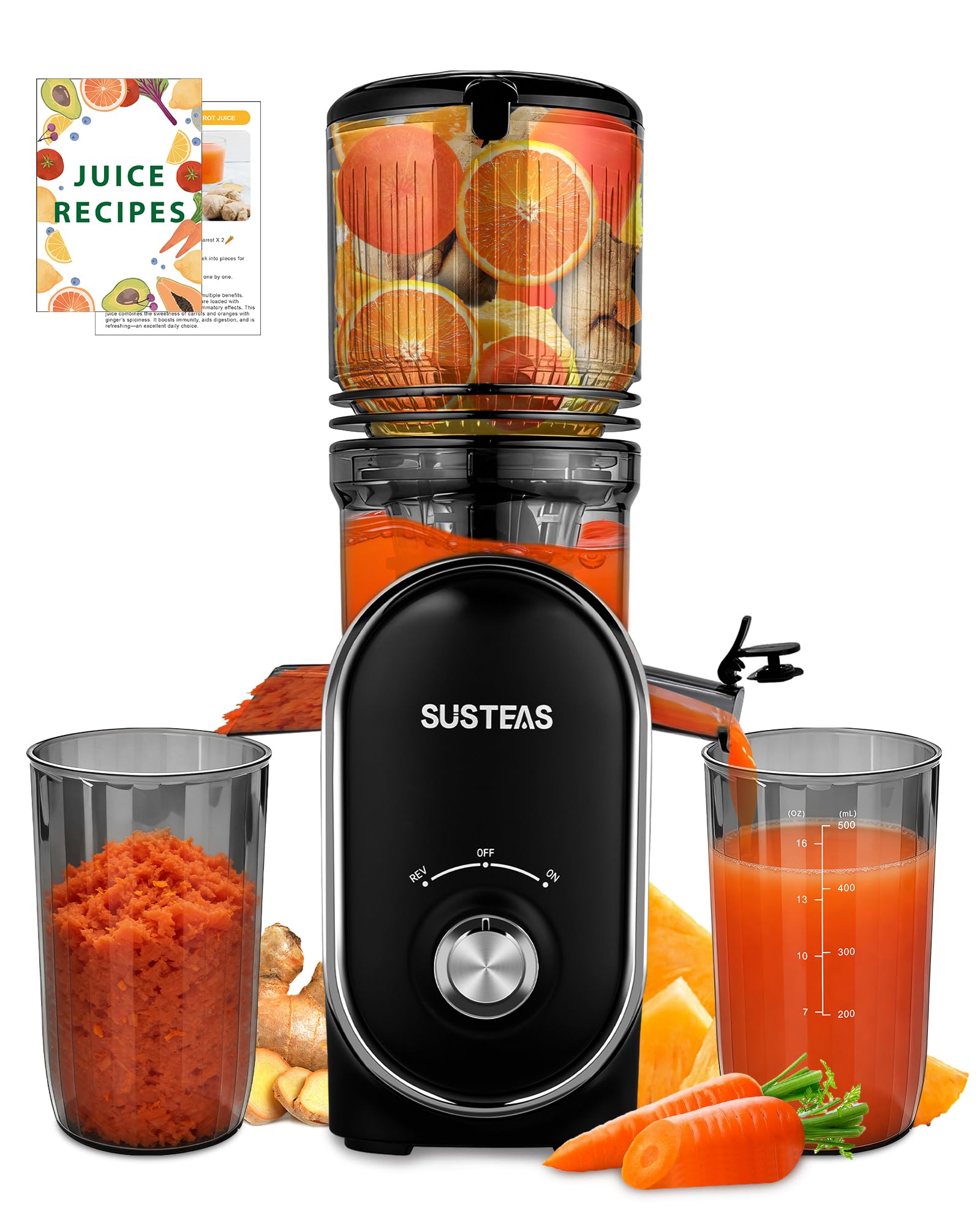SUSTEAS Cold Press Juicer, 300W, 5.3 Large Feed Chute, 1.5L Capacity, Automatic Feeding, High Yield, Easy to Clean, Ideal for Wh