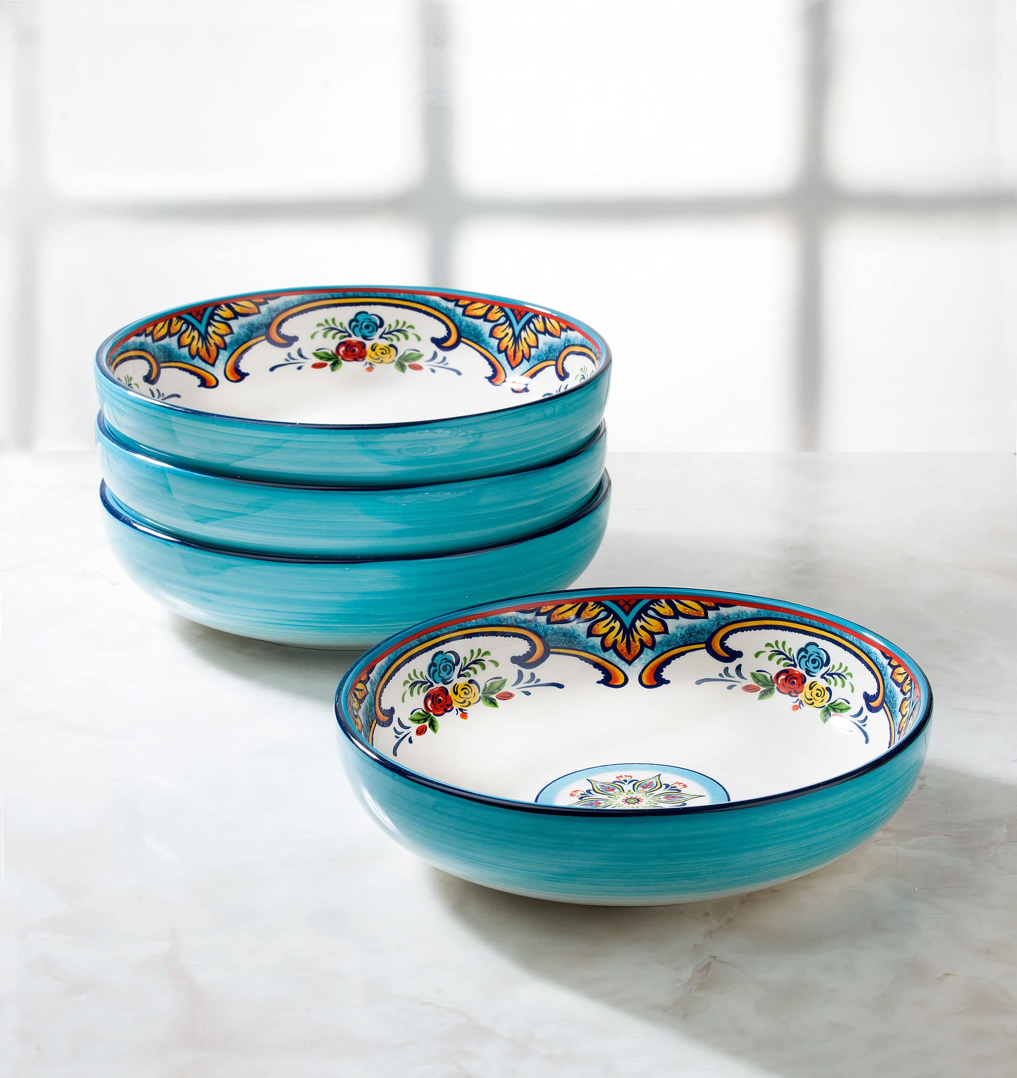Euro Ceramica Zanzibar Collection Pasta Bowl Sets, Set Of 4, Spanish Floral Design, Multicolor Blue