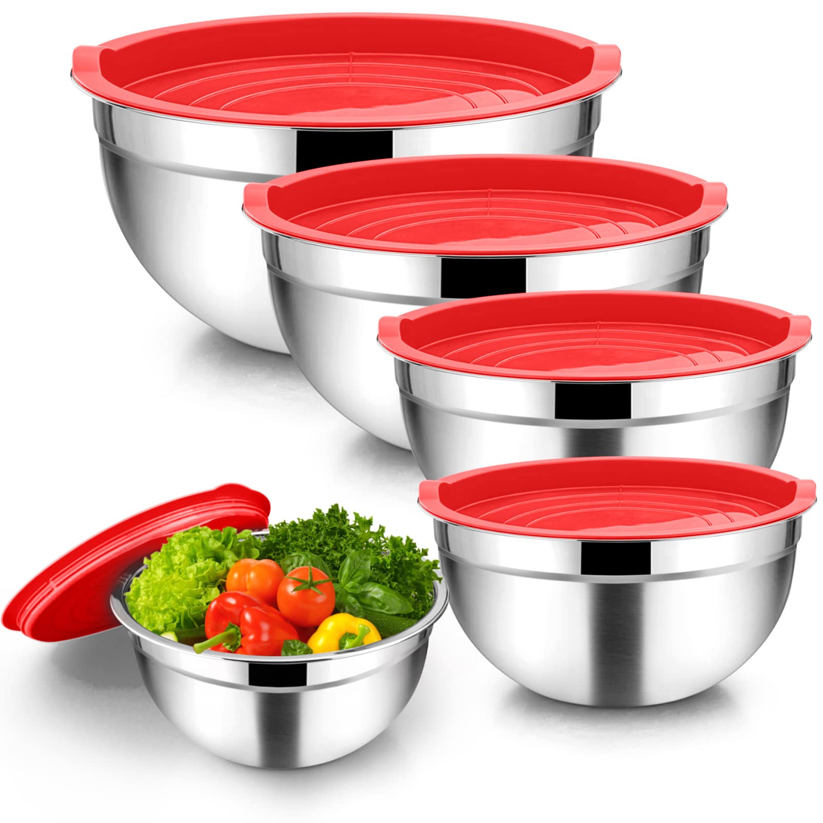Teamfar Mixing Bowls, 4.5/3/1.5/1/0.7 Qt, Stainless Steel Metal Nesting Salad Bowl With Lid Set, Ideal For Mixing Serving, Non-T