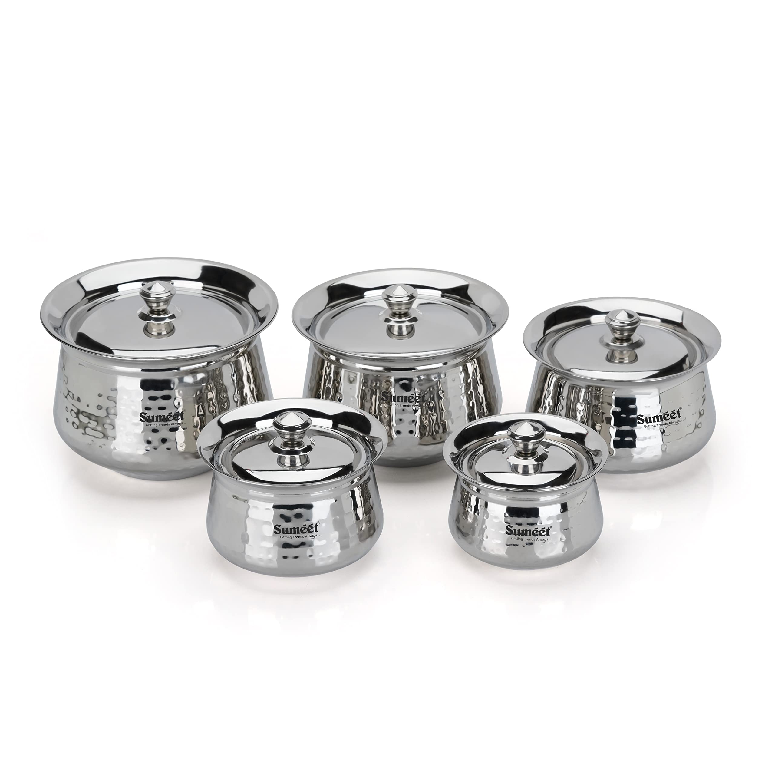Sumeet Stainless Steel Handcrafted Hammered Texture Handi Set With Lid For Kitchen, Set Of 5, 460Ml, 650Ml, 950Ml, 1300Ml & 1700