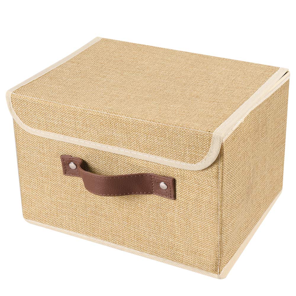 Lucky Monet 2 Pack Linen Fabric Foldable Storage Bin Set Collapsible Storage Box Cube Closet Organizer with Lid & Faux Leather Handle  10 x8 x7  (Khaki)