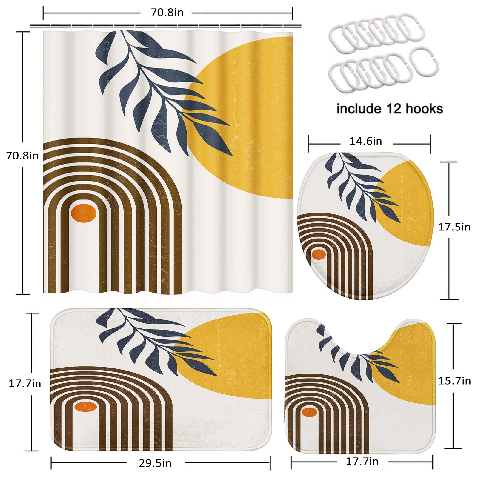 Tayney Boho Mid Century Shower Curtain Set With Toilet Lid Cover And Non-Slip Rugs, Abstract Pink Black 4 Pcs Modern Minimalist