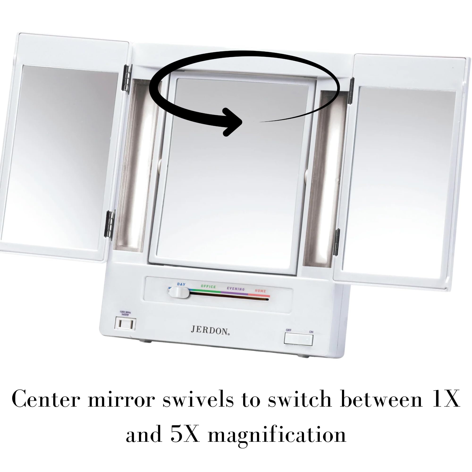 JERDON Tri-Fold Makeup Mirror with Lights, 5X-1X Magnification, 11.8"x9.6", Plastic, White, Model JGL9W