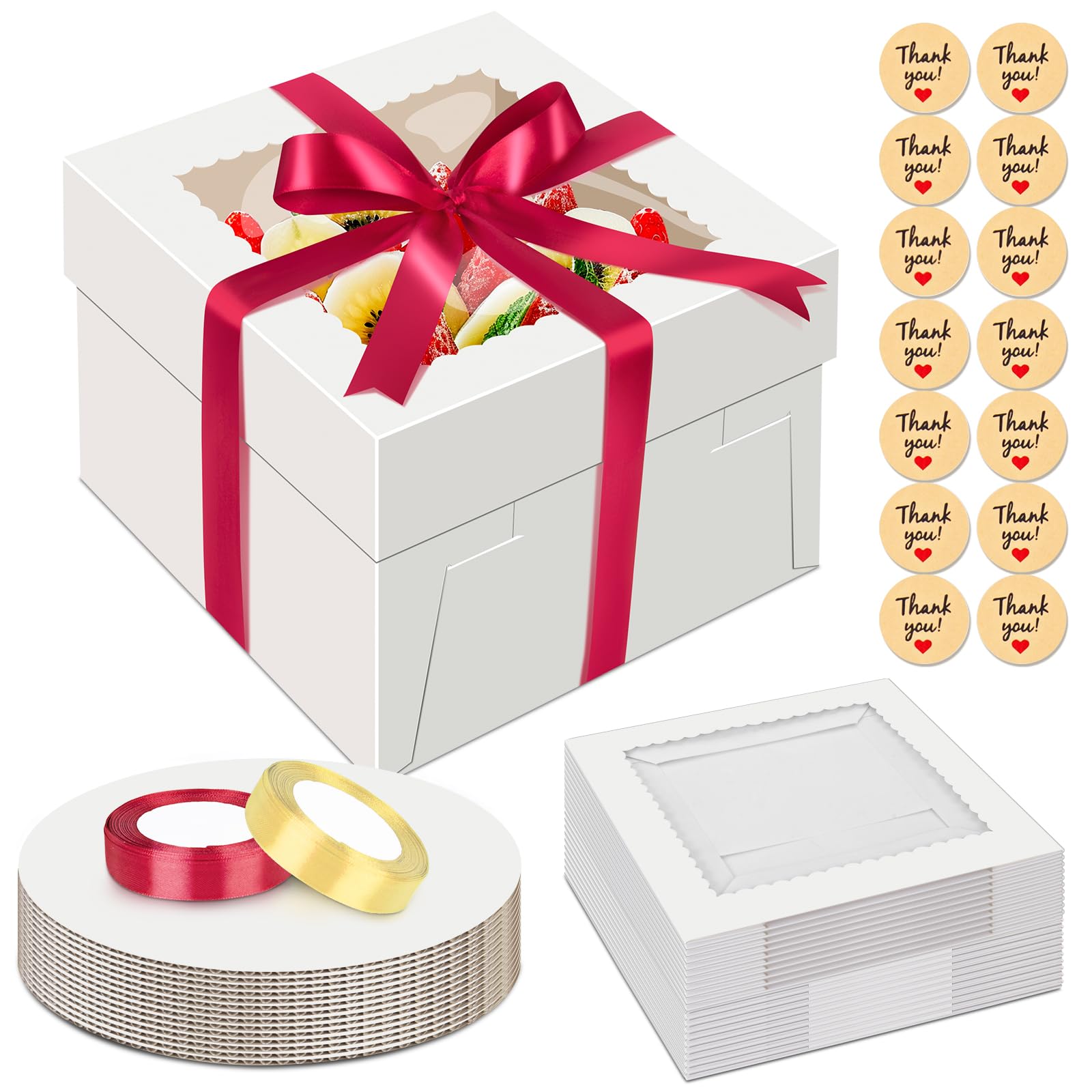 Sudaya 3Pcs 10x10x5 Cake Boxes with Window, Cake Boxes 10 inch withTall Cakes Boards Ribbon Stickers, 10in Disposable Bakery Con