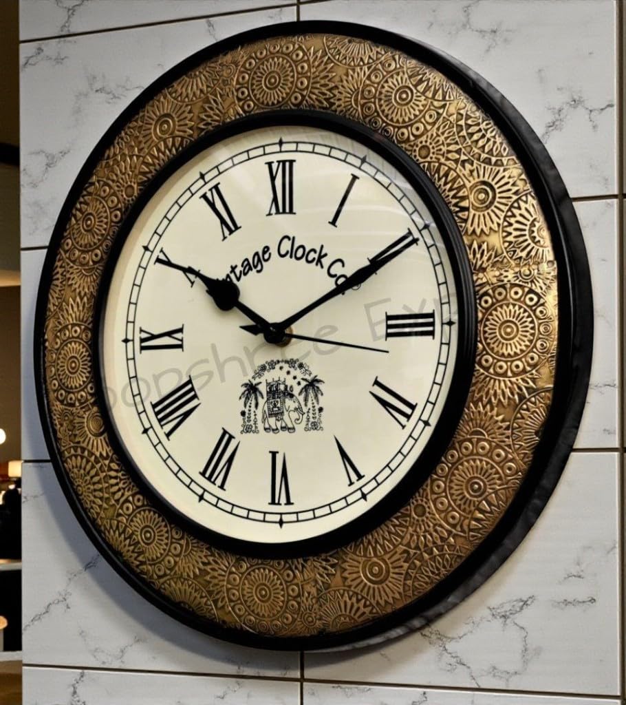 Vintage Clock Handcrafted Brass Inlay Wooden Clock / 1 Year Warranty / Roman Numerals (Vc-1711-12-R), Analog