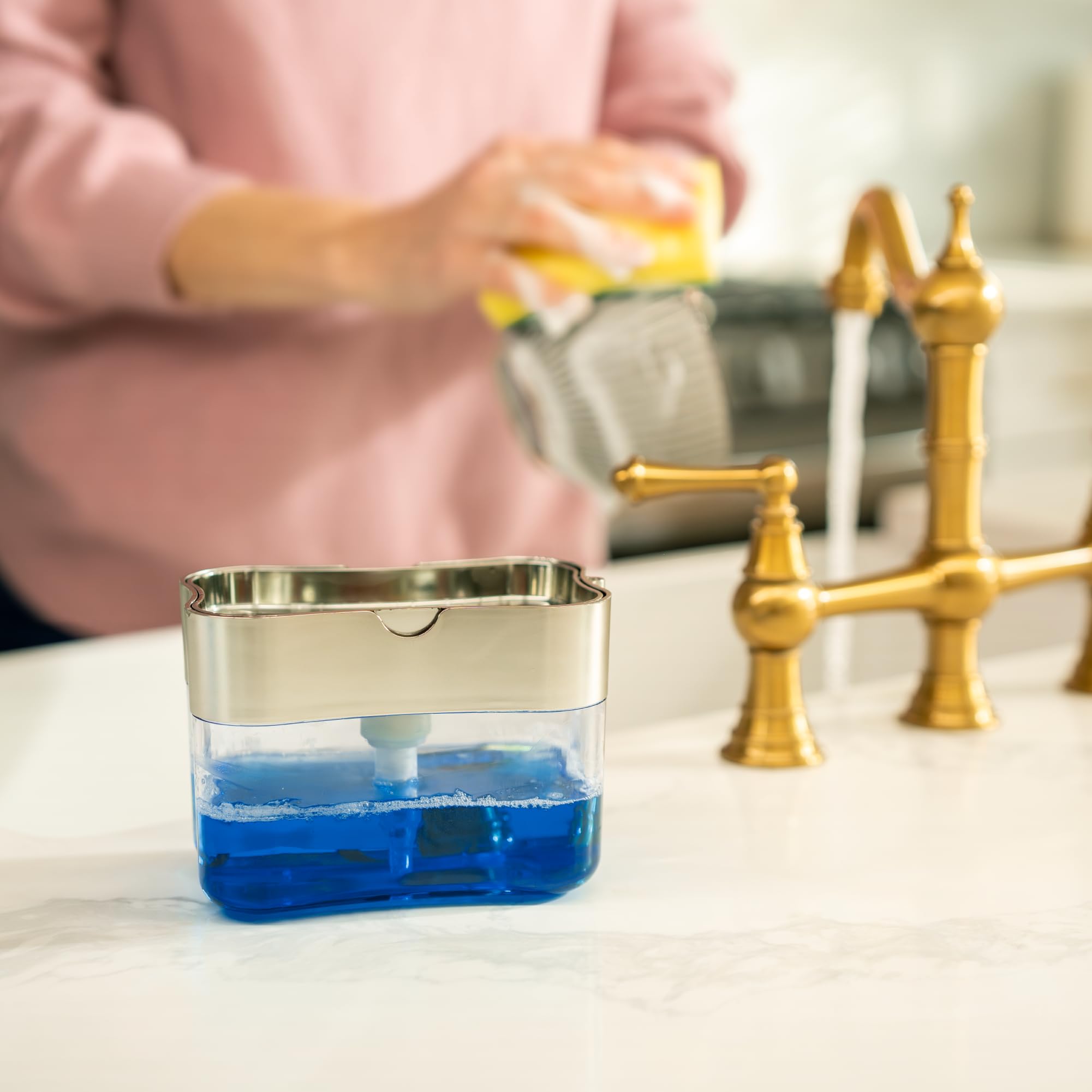 S&T INC. Dish Soap Dispenser and Sponge Holder for Kitchen Sink  Sponge Included  13 Ounces  Metallic Silver