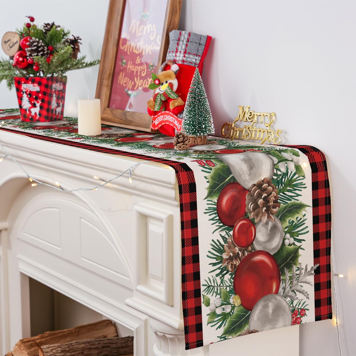 Siilues Christmas Table Runner, Buffalo Plaid Christmas Ball Decorations Christmas Runner For Table Seasonal Winter Decor For In