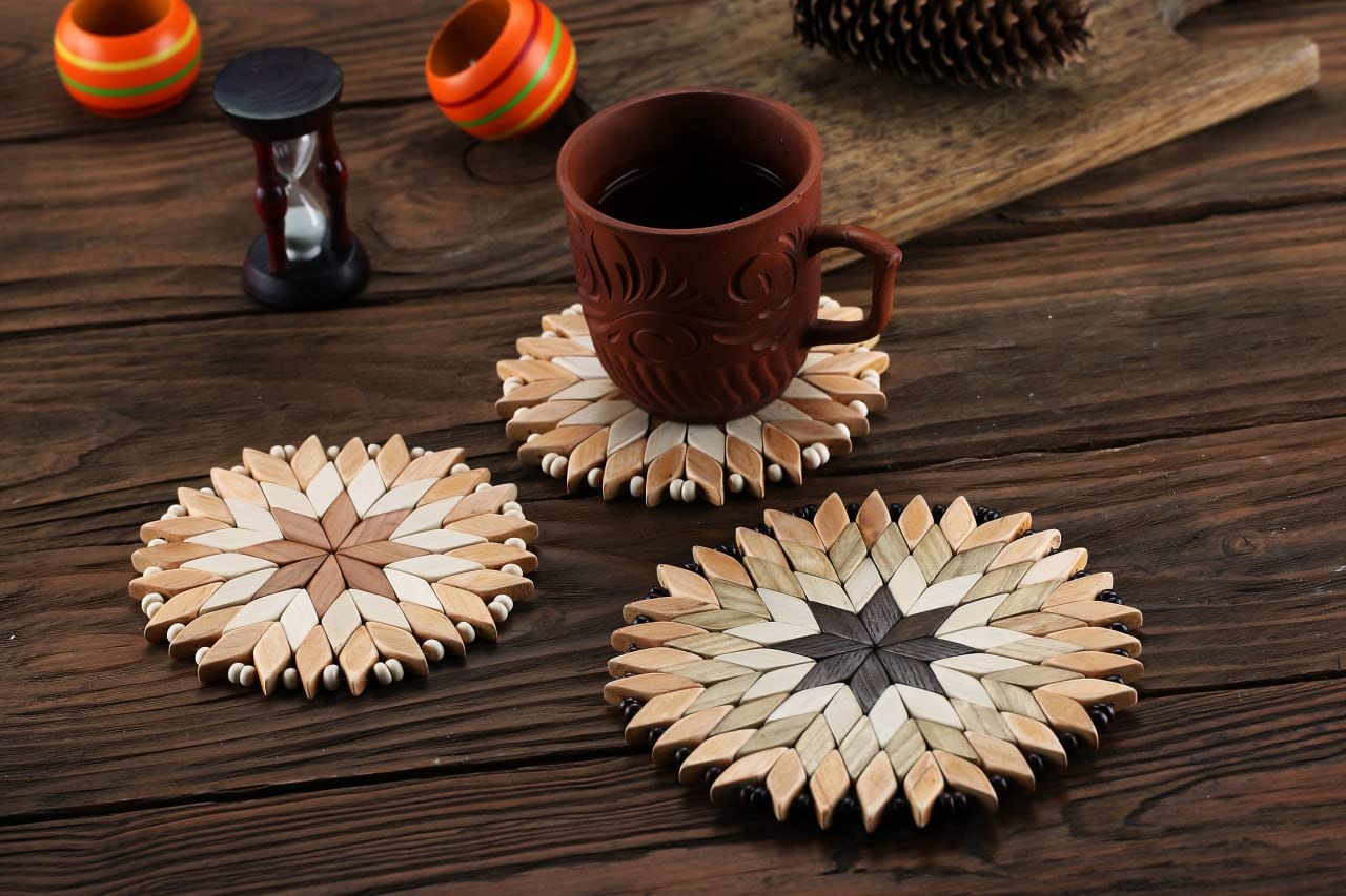 Set Of 3 Small Handmade Wooden Trivets For Hot Dishes - Two 6'' And One 7''- Coasters And Hot Pads - Great Kitchen Gift Idea - B