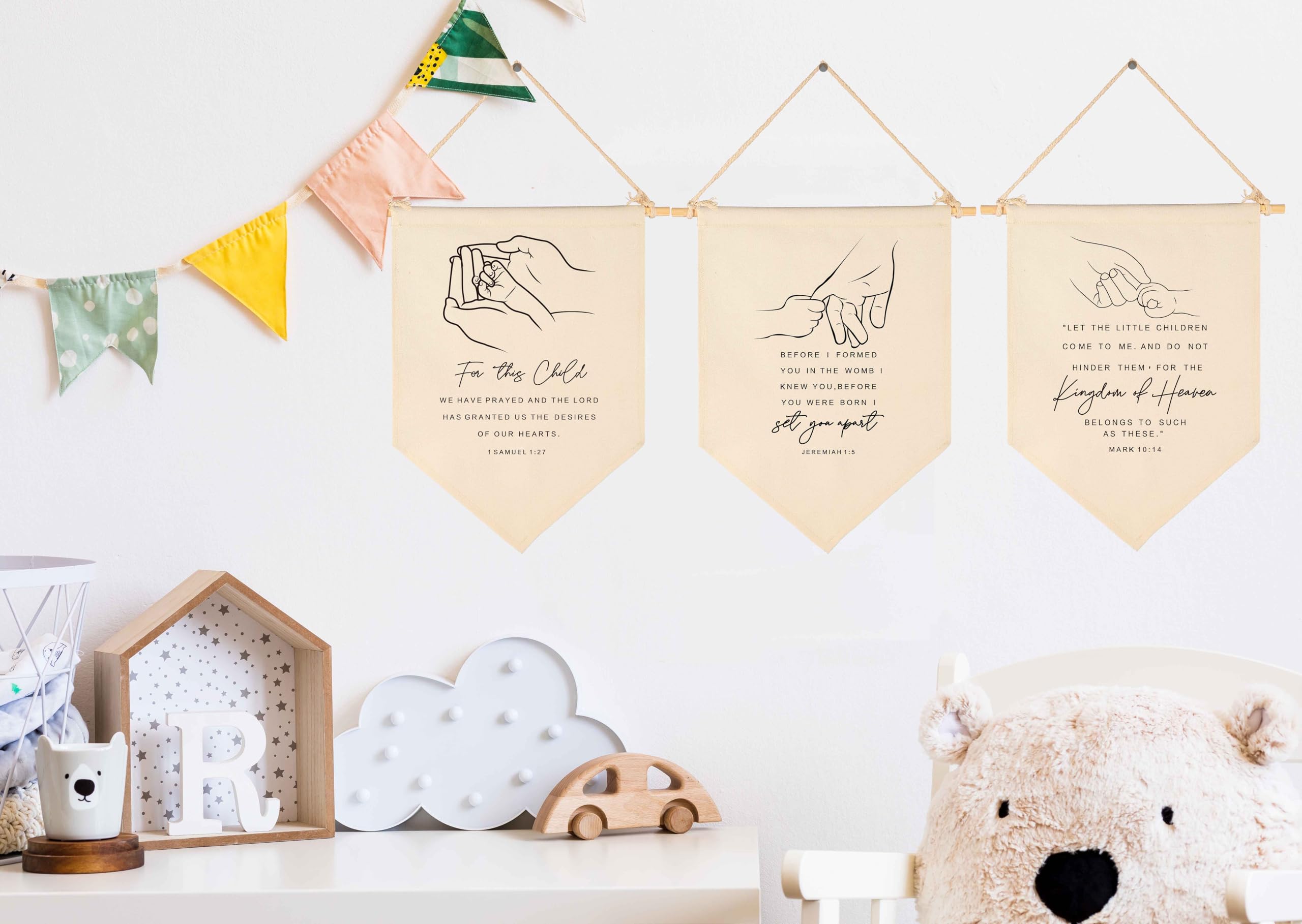Scripture Flag Sign Gifts for Baby Newborn Boys Girls Kids-Christian Bible Verses Canvas Hanging Banner Wall Decor Gifts for Nur