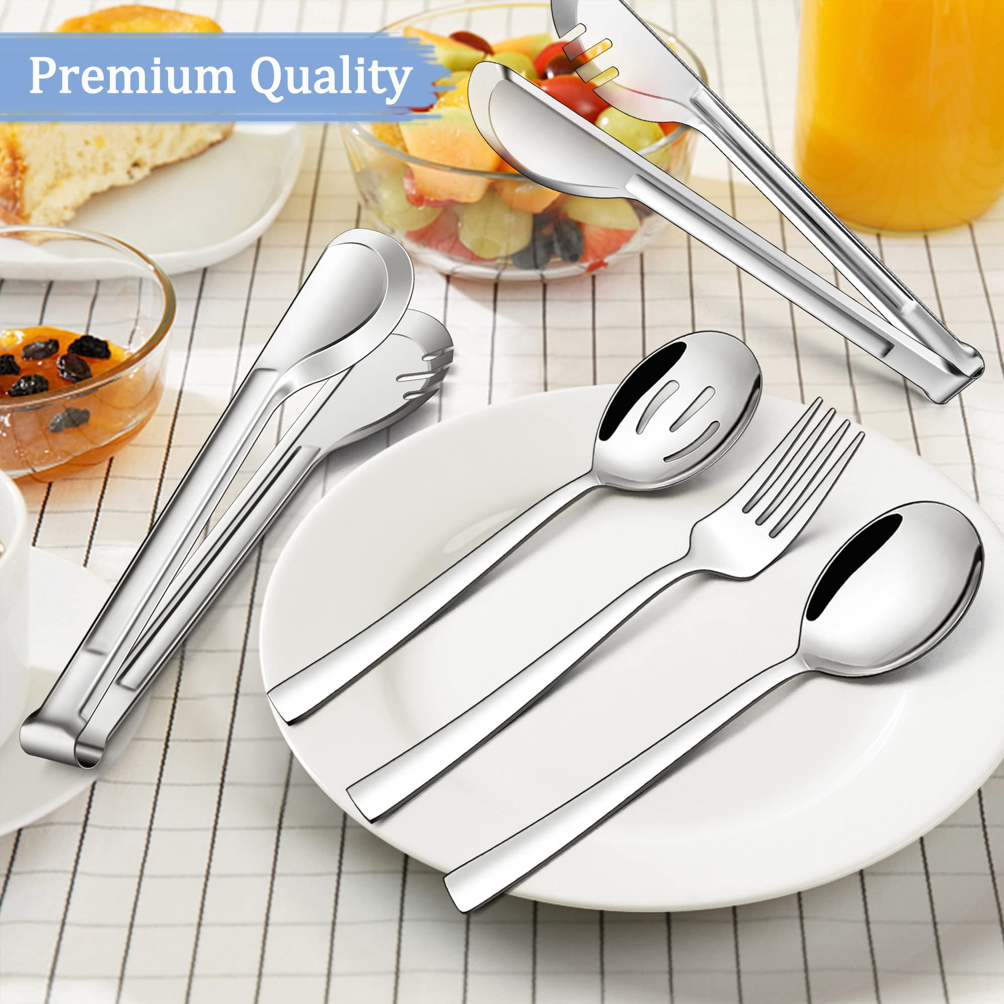 Lianyu 12 Piece Serving Utensils, Stainless Steel Serving Spoons Set, Include 3 Serving Spoons, 3 Slotted Spoons, 3 Serving Fork