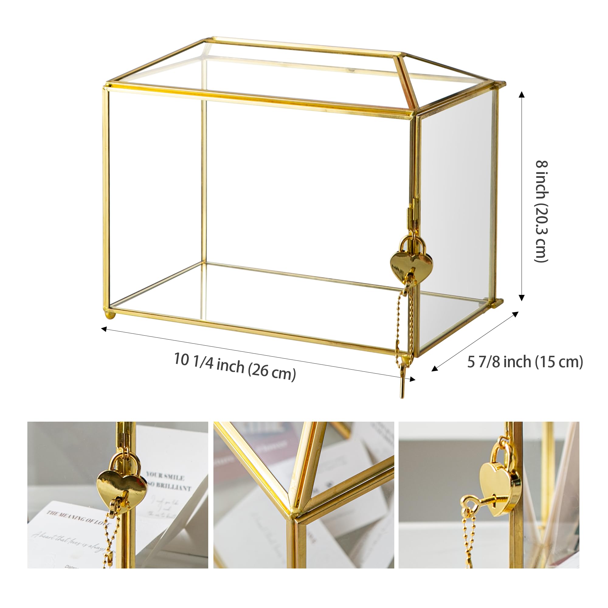 Sanllusit Small 10.2 x 6 x 8 Glass Cards Box with Slot and Lock for Wedding Reception - Home Birthdays Party Geometric Decorativ