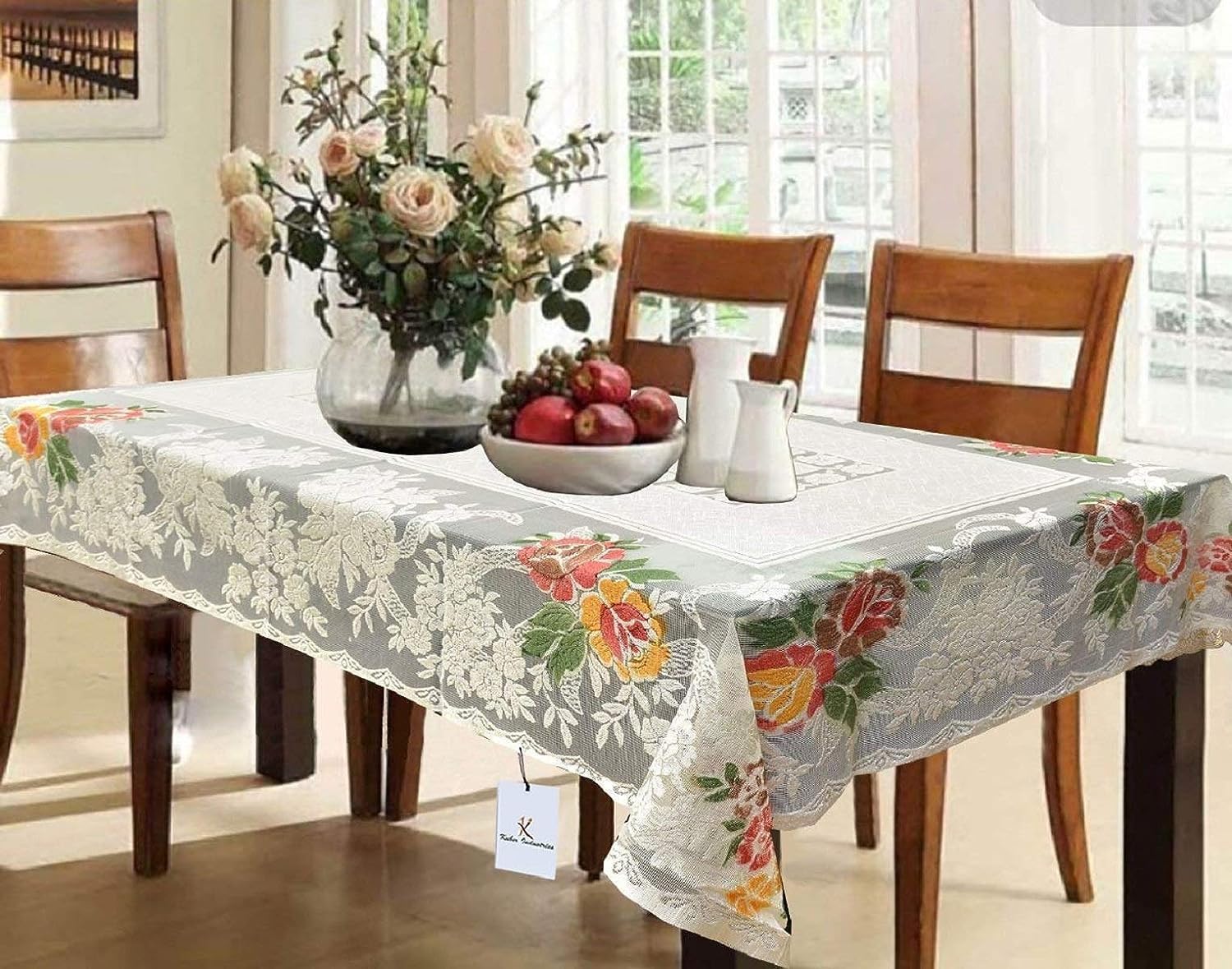 Kuber Industries Shining Leaf Design Cotton 6 Seater Dining Table Cover - Cream