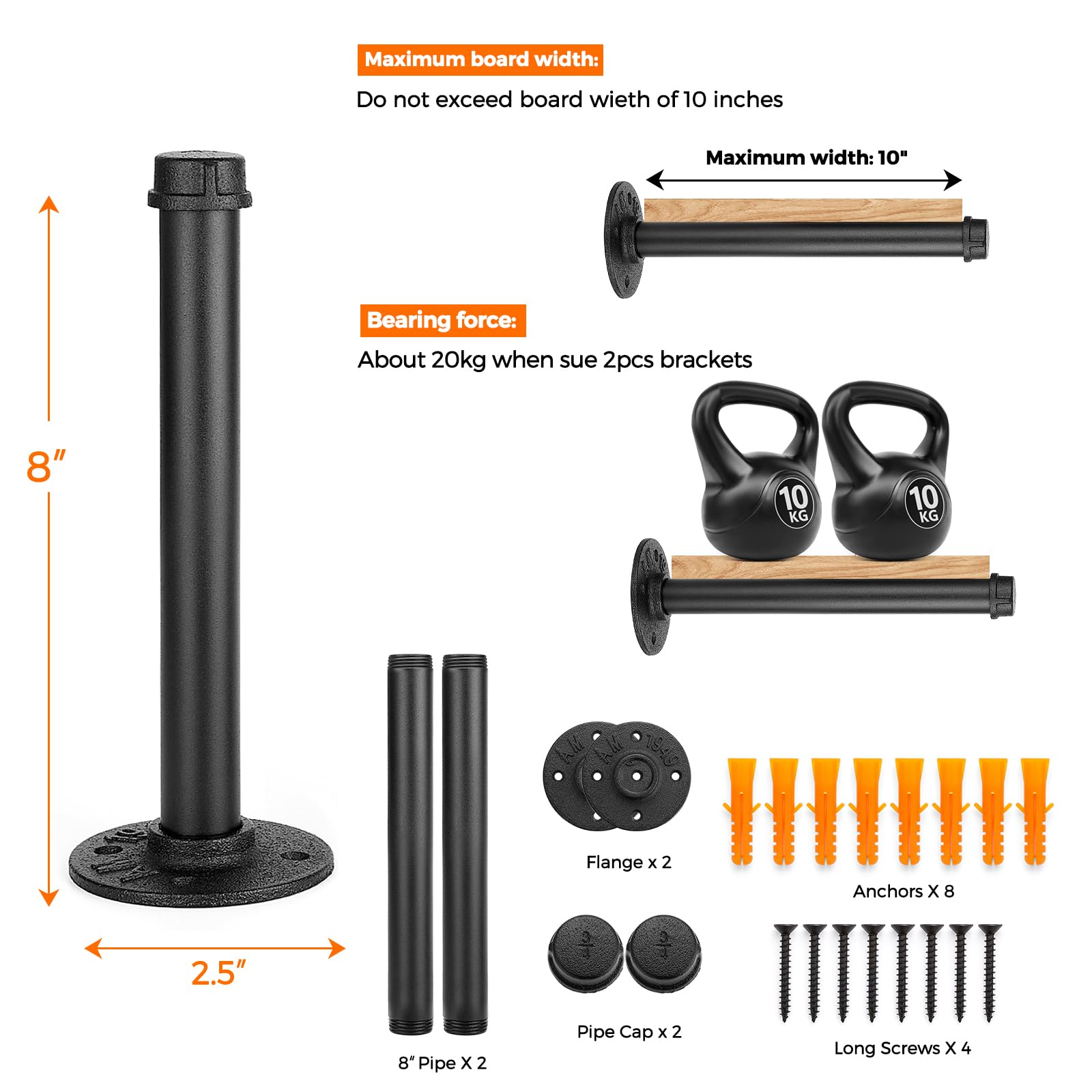 Home Expert 8 Inch Black Industrial Pipe Floating Clothing Rack Wall Mounted, Heavy Duty Garment Rack For Hanging Clothes, Multi