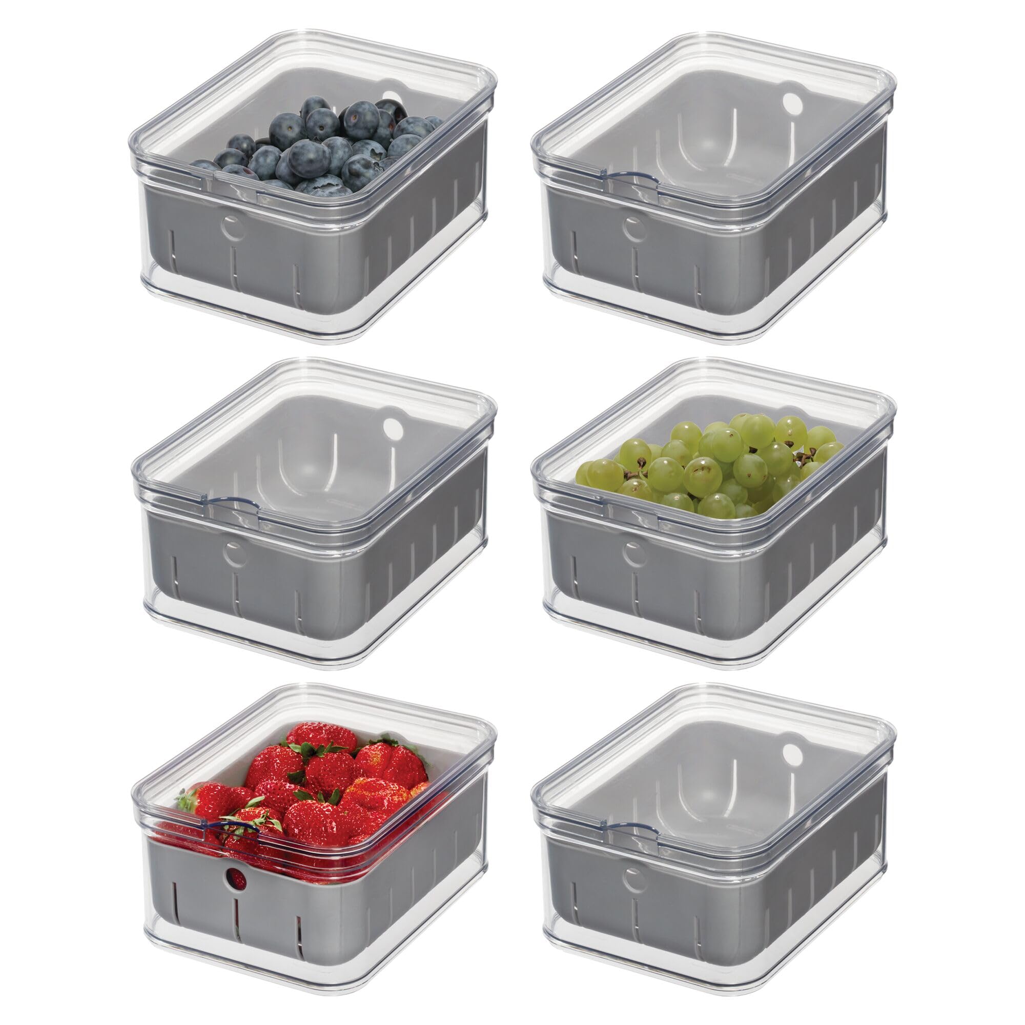 iDesign Small Fridge Berry Bin with Removable Colander Basket and Lid - Set of 6 - Clear/Gray