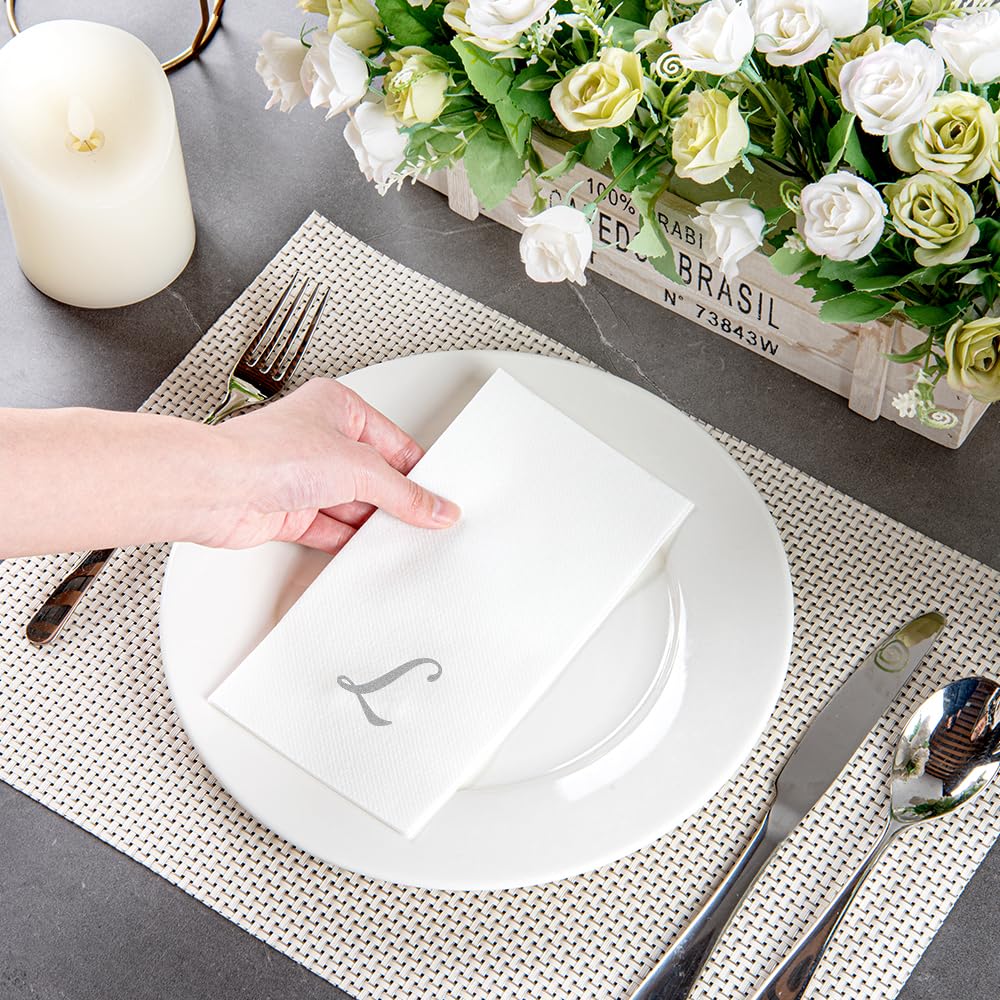 Luxenap 15.8 X 7.9 Inch Linen-Feel Guest Towels, 2000 Lettered Hand Towels - Silver Letter 'L', Cursive Font, White Paper Dinner