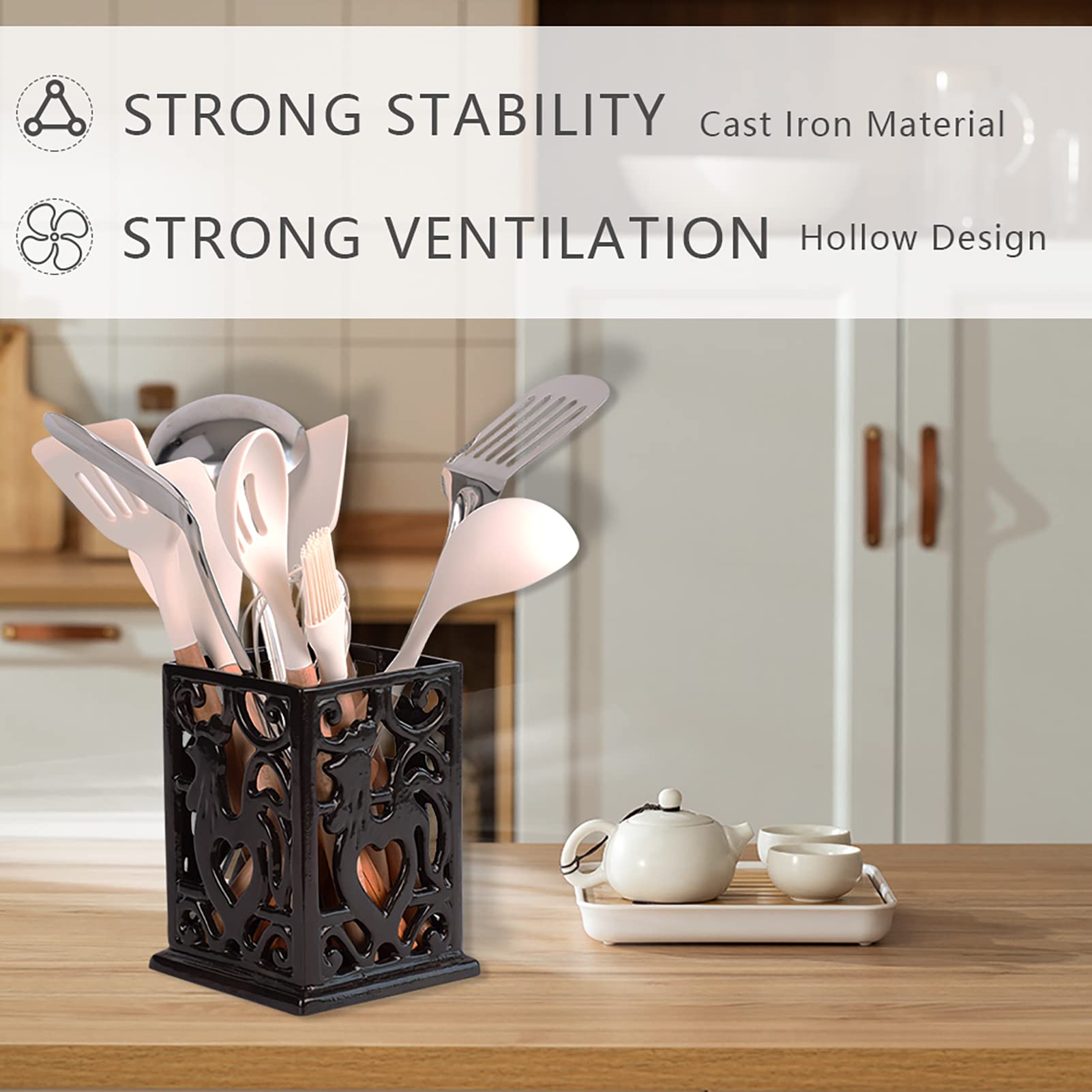 Minluful Vintage Utensil Holder For Countertop, Robust Cast Iron Utensil Holder For Kitchen Counter Cooking Tools Crock Spoon An