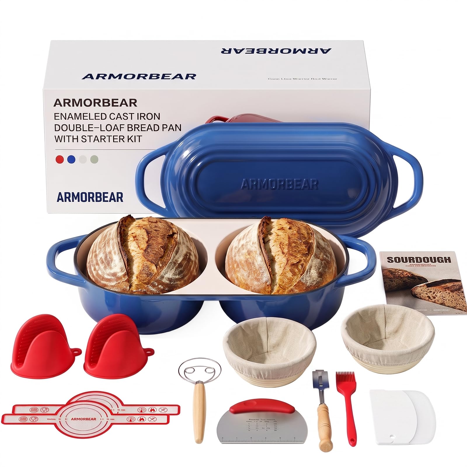 Sourdough Bread Baking Kit with Double Loaf Cast Iron Bread Pan, Blue