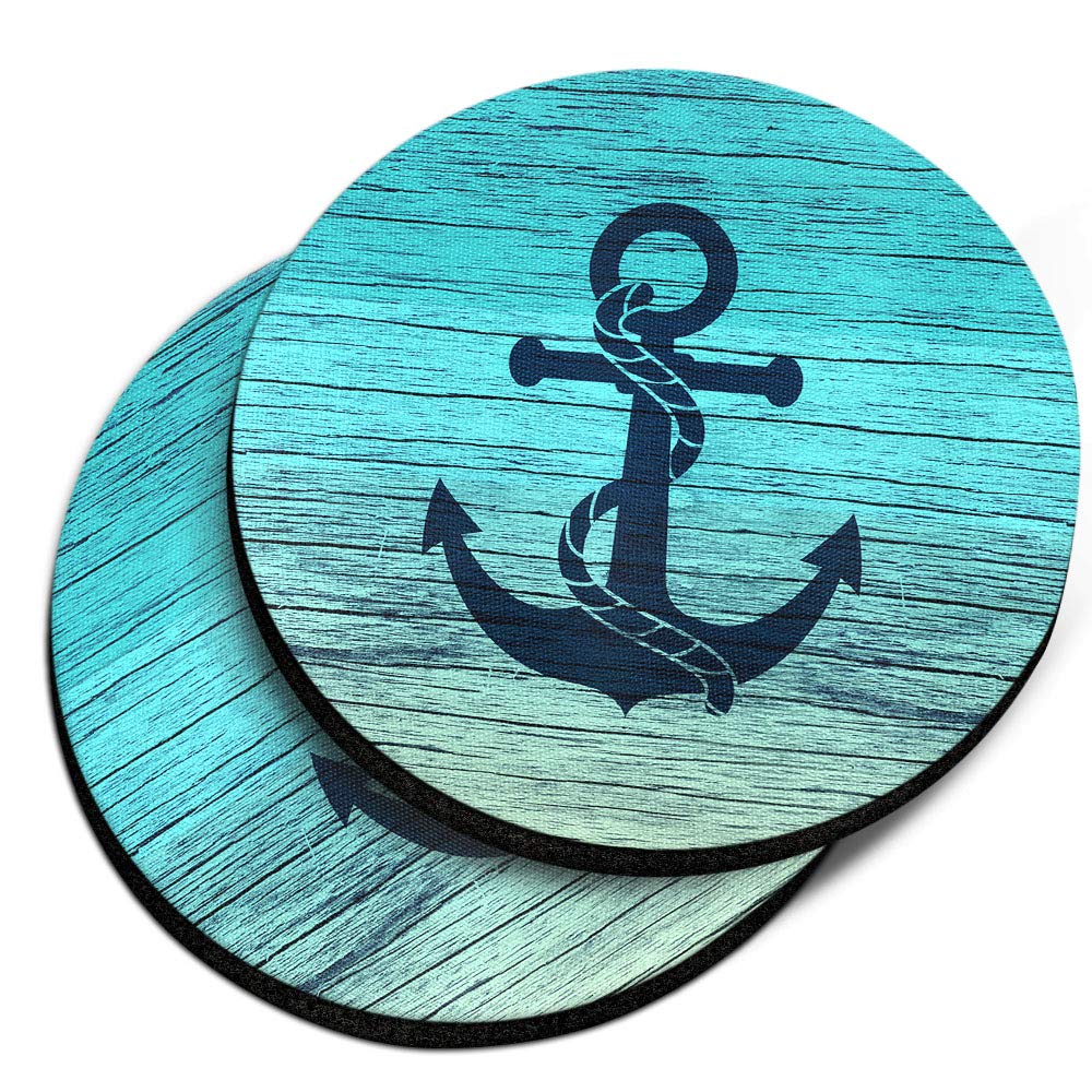 Caribou Coasters , Blue Anchor Wood Design Absorbent Round Fabric Felt Neoprene Car Coasters For Drinks, 2Pcs Set