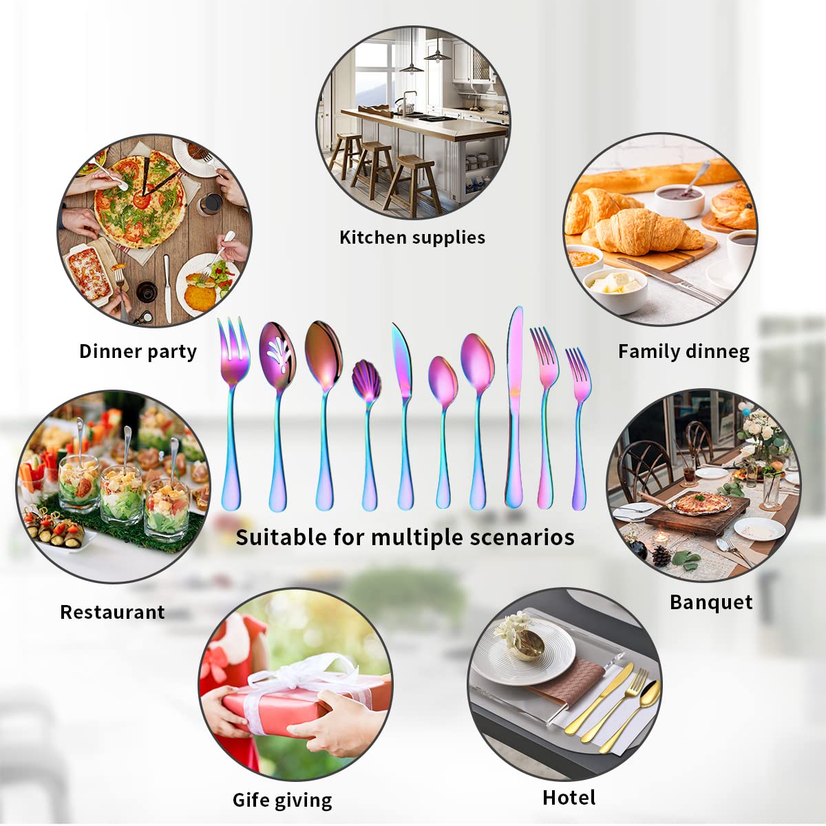Kyraton Rainbow Silverware Set 45 Pieces Service For 8, Titanium Colorful Plating Flatware Sets Cutlery Set, Spoons And Forks Si