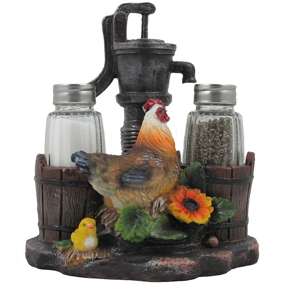Farm Chicken and Old Fashioned Water Pump Glass Salt and Pepper Shaker Set with Holder Figurine in Country Kitchen Rooster Decor