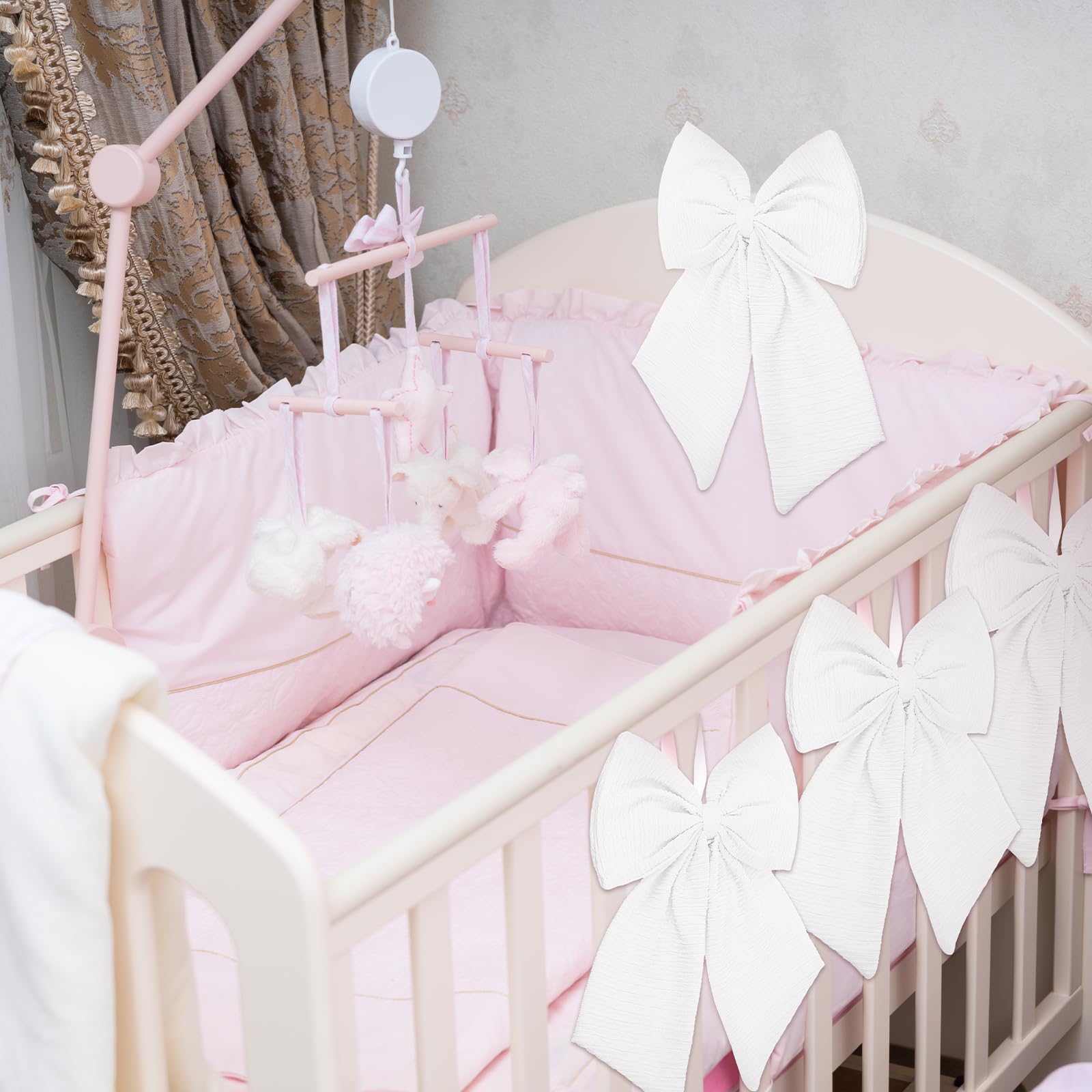 Riceshoot 4 Pcs Large Crib Bows 11 x 16 inch Coquette Bow Decorations for Nursery Crib Canopy Bed Large Bow Room Nursery Decor I