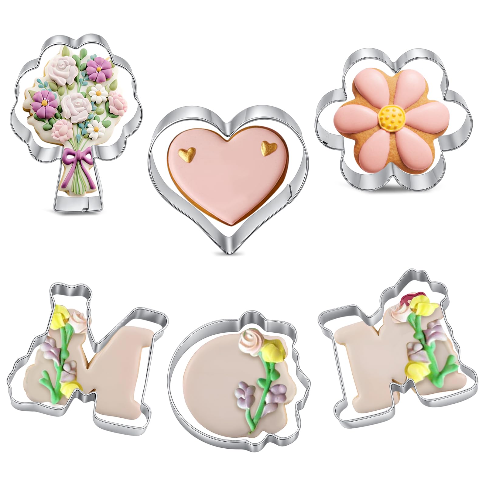 Yaocom 6 Pcs Cookie Cutters Set Stainless Steel Flower Heart Shaped Mom Letter Cookie Cutters Biscuit Fondant Mold Baking Tool M