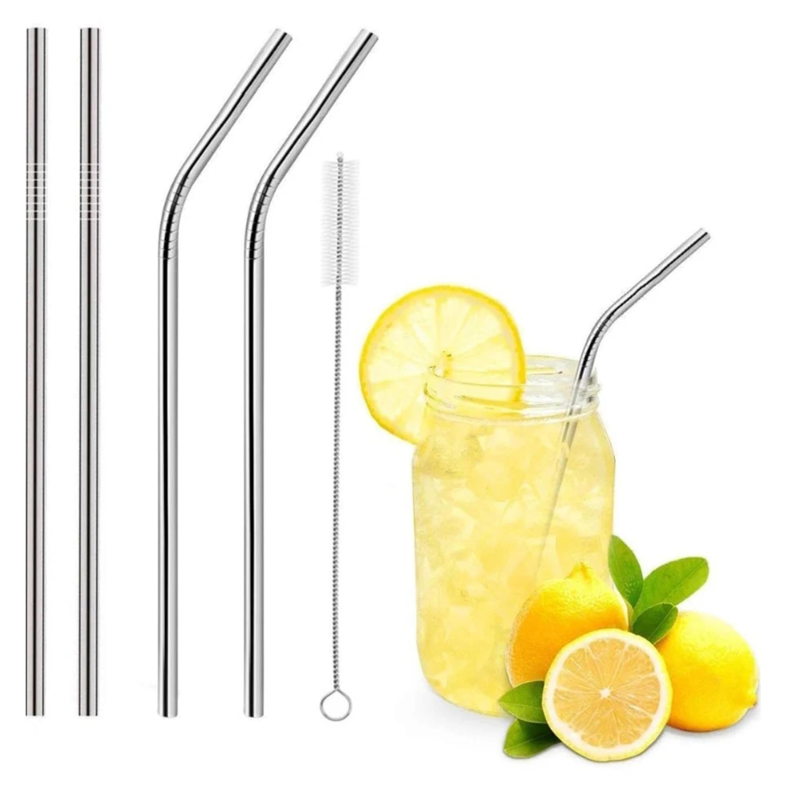 Stainless Steel Drinking Straws  8.5 Inches, BpaFree, Reusable, Dishwasher Safe  Set Of 2 Bent, 2 Straight Straws + 1 Cleanin