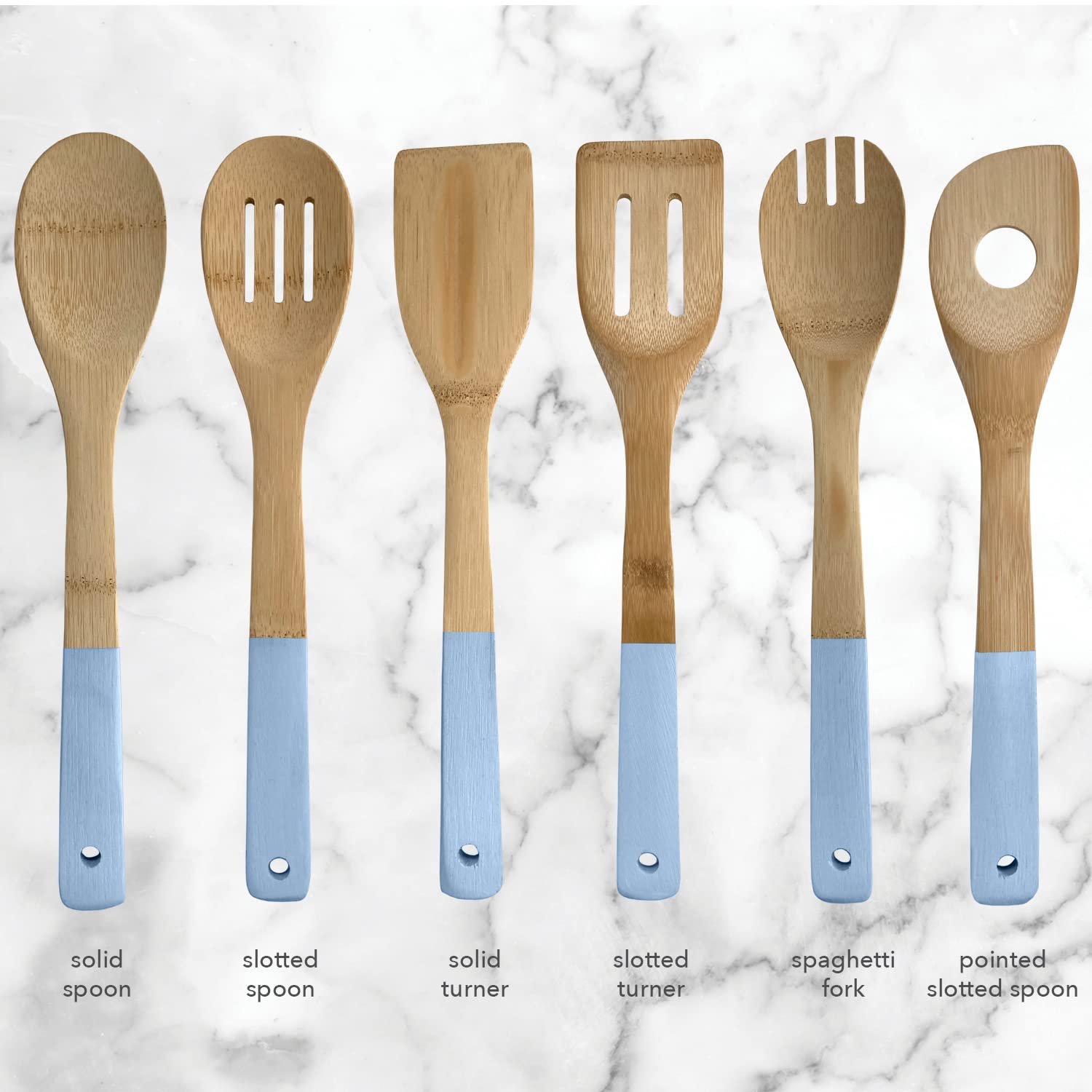 Edge Bamboo Wooden Utensils 6 Piece Set For Cooking Slotted Spoon, Turner, Fork, High Heat For Non Stick Pots And Pans, Charcoal