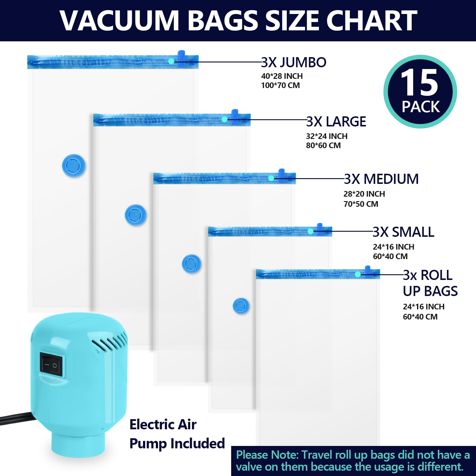 Bamcoo Vacuum Seal Bags For Clothing With Electric Pump, 15 Pack (3 Jumbo 3 Large 3 Medium 3 Small 3 Roll Up Vacuum Bags) Space