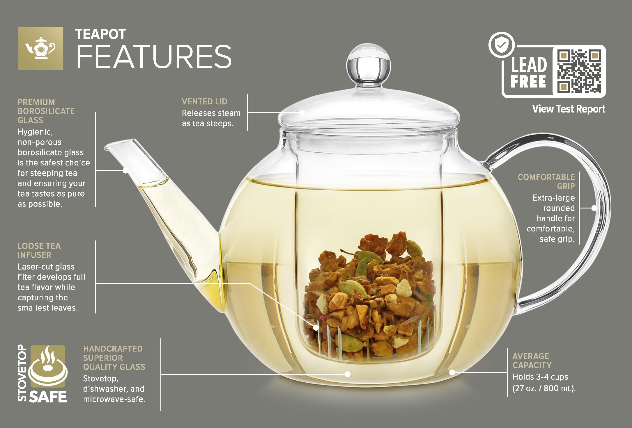 Teabloom Stovetop & Microwave Safe Glass Teapot with Removable Loose Tea Glass Infuser - Includes 2 Blooming Teas - 2-in-1 Tea K