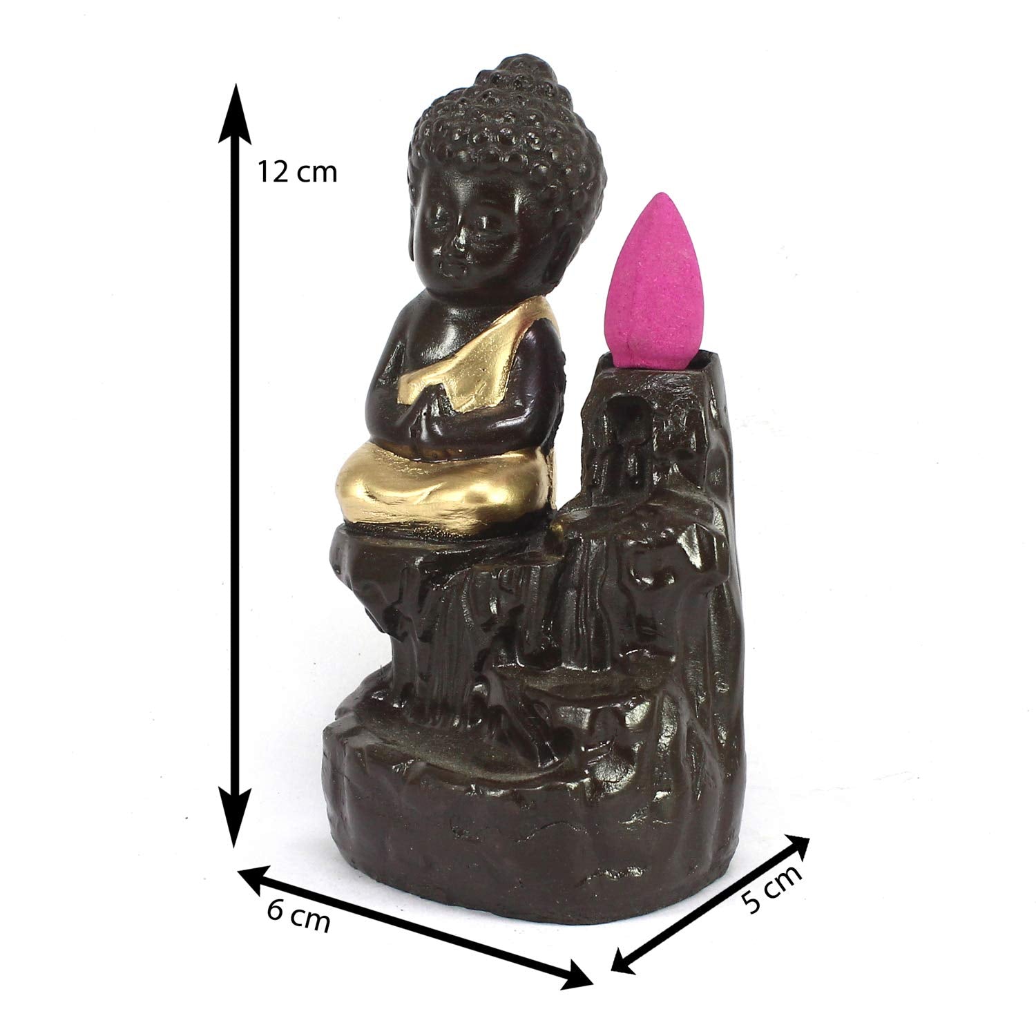 eCraftIndia Black Golden Meditating Monk Buddha Statue Smoke Backflow Incense Holder with Incense Cones Showpiece for Home Decor