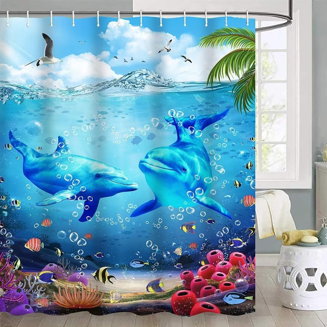 Yizheer 4Pcs Blue Ocean Dolphin Shower Curtain Sets With Rugs, Toilet Lid Cover And Bath Mat, Haunted House Shower Curtains Bath