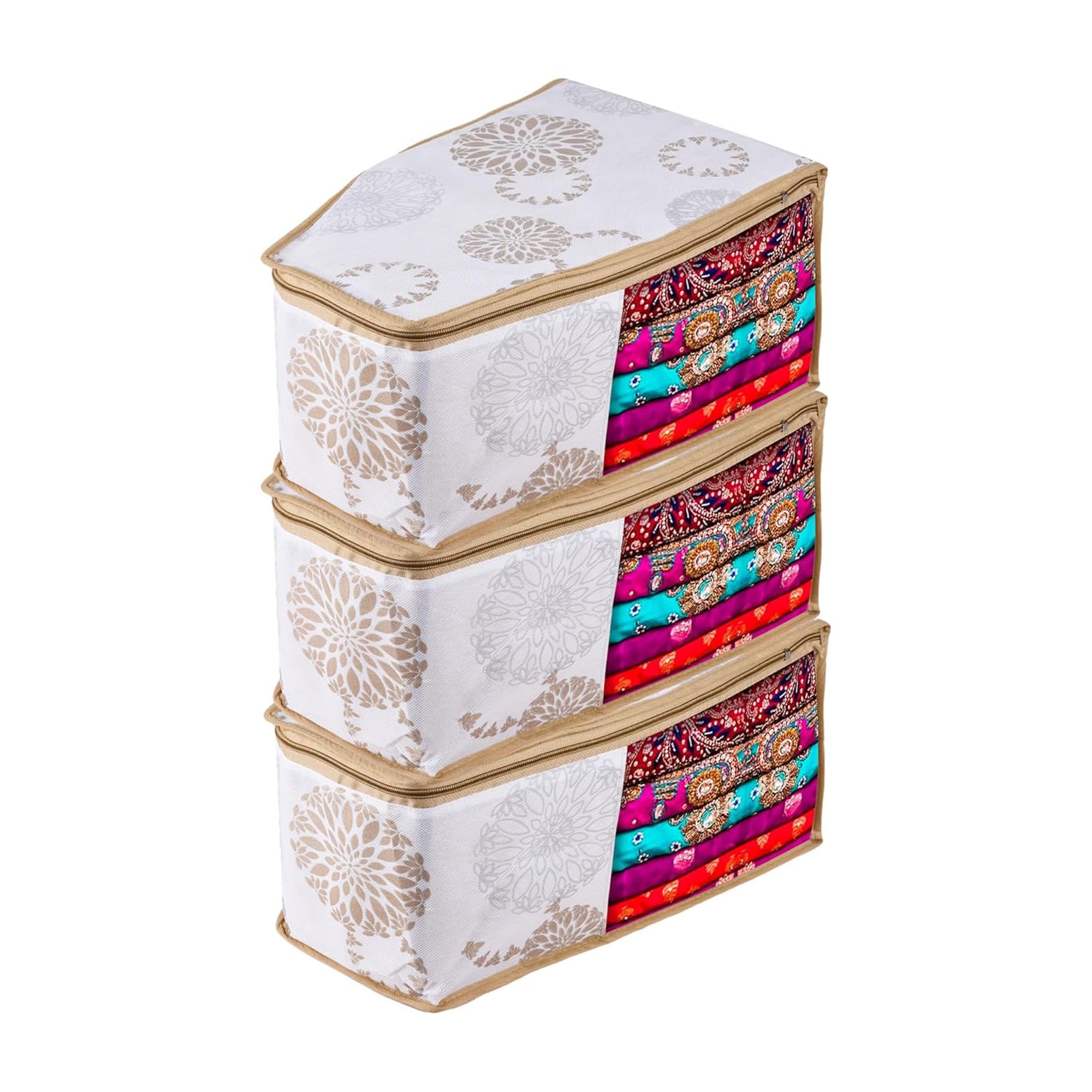 Kuber Industries Non-Woven (Pack Of 3) Blouse Cover|Gola-Printed|Clothes Storage Bag|Wardrobe Organiser With Zipper|Side Transpa