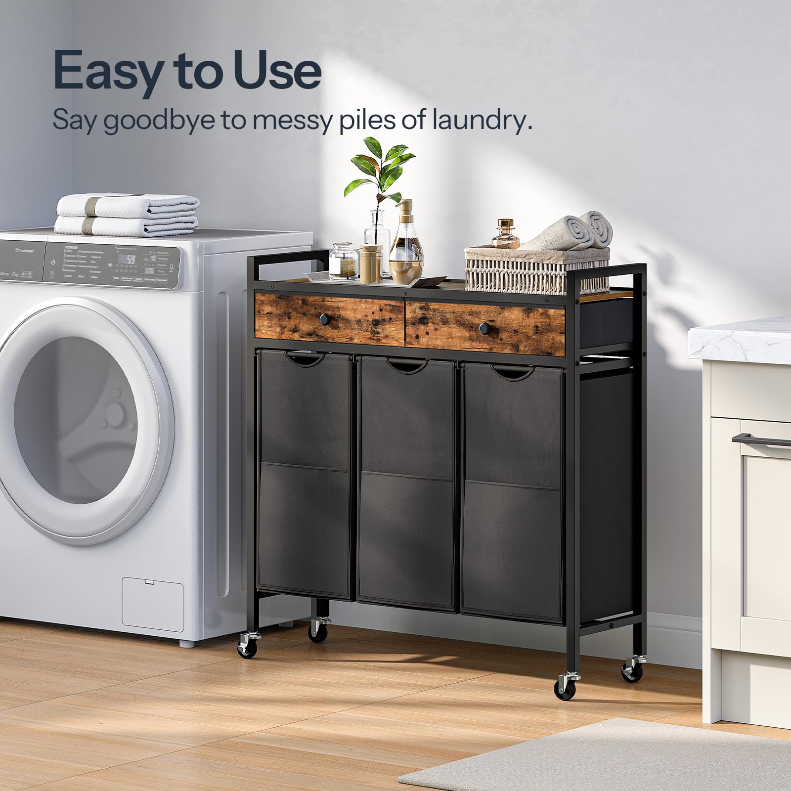 Hoobro Laundry Sorter 3 Section, 130L Laundry Hamper With 2 Drawers, Rolling Laundry Basket, Pull-Out And Removable Laundry Bags