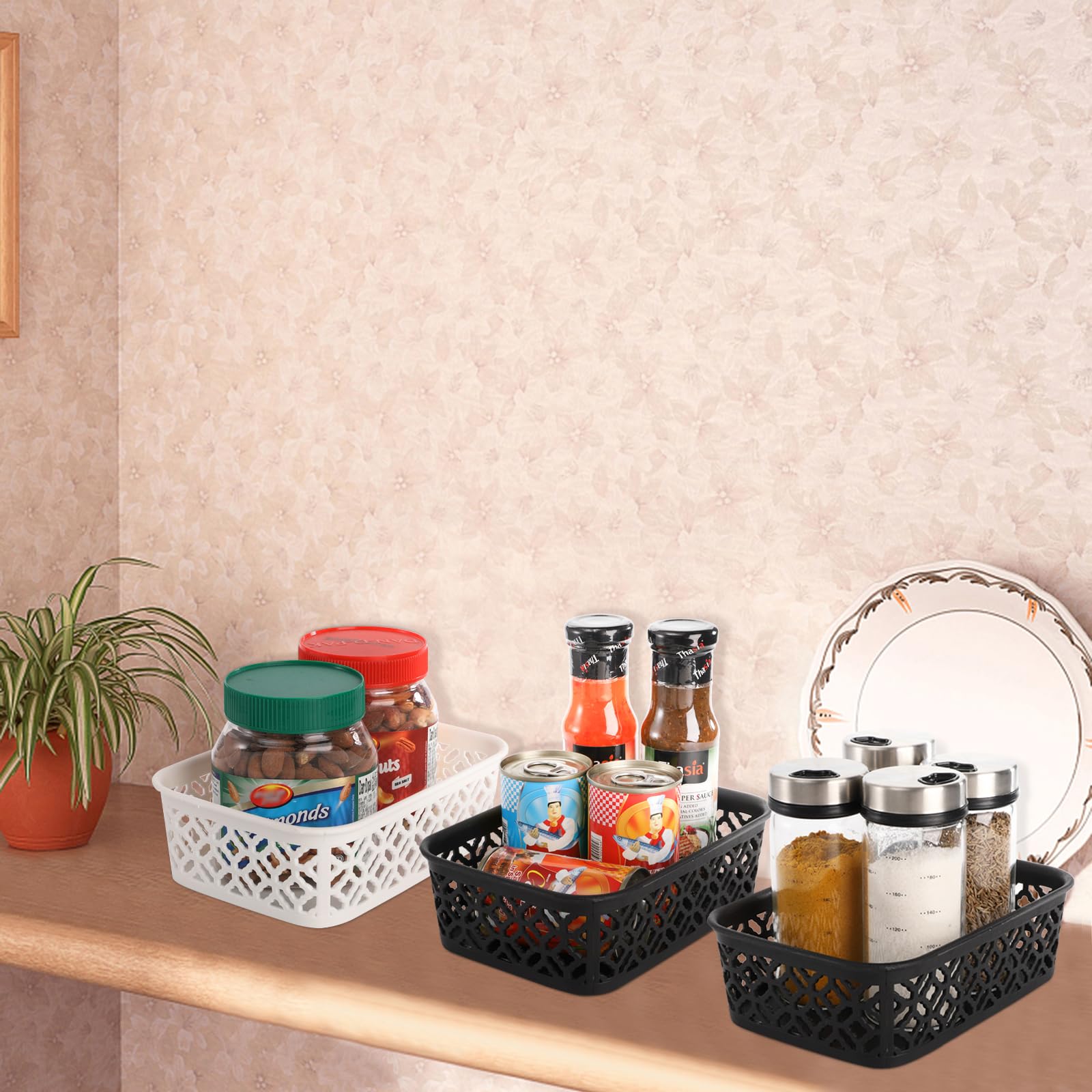 Zeayea 9 Pack Small Plastic Storage Baskets, Woven Design, Sturdy, Black, Gray, White, 7.7'' L X 5.5'' W X 2.4'' H