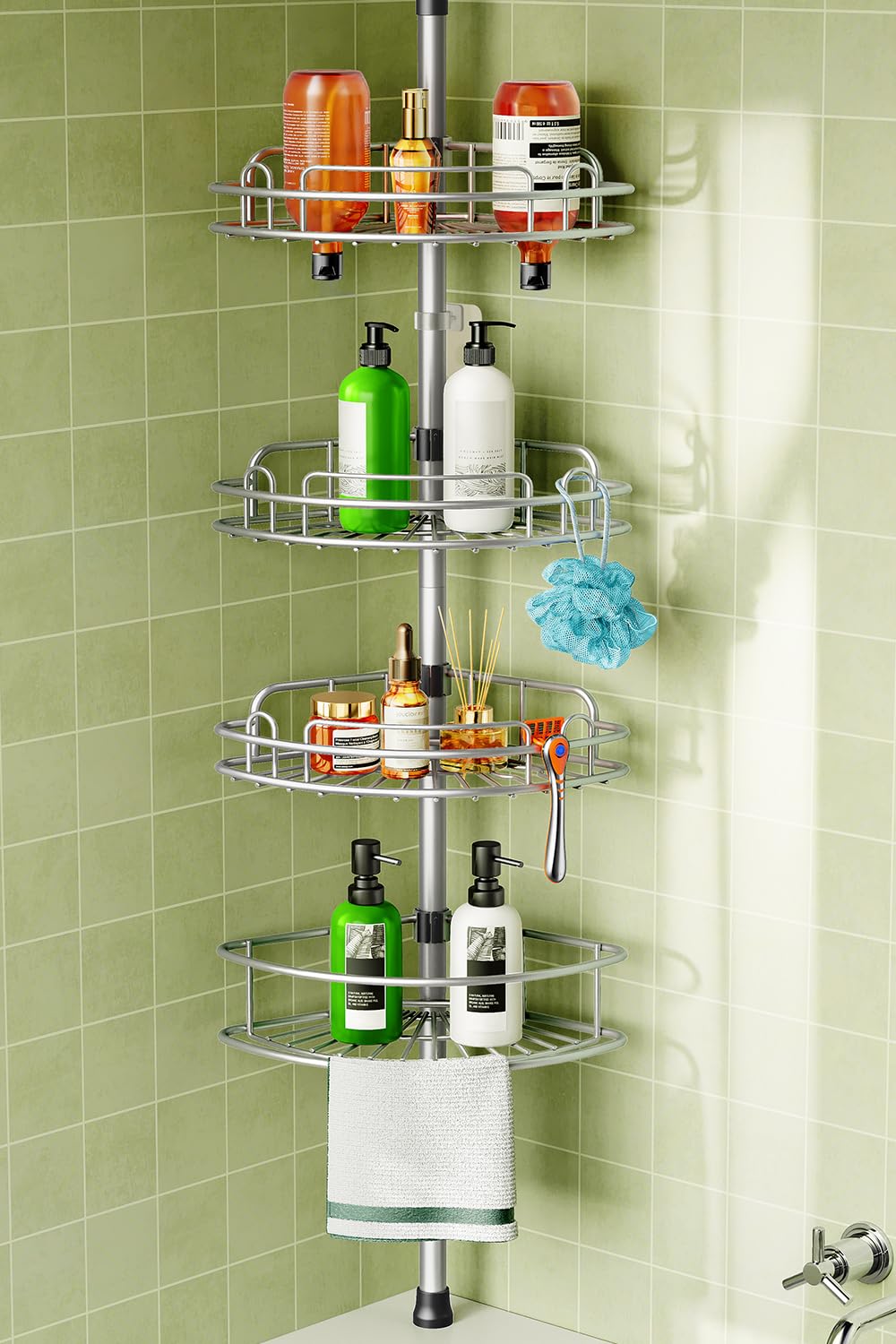 HAMITOR Corner Shower Caddy Tension Pole: 4-Tier Rust-Resistant Adjustable Bathroom Organizer Shelves - 47-121 Inch No-Drill Qui