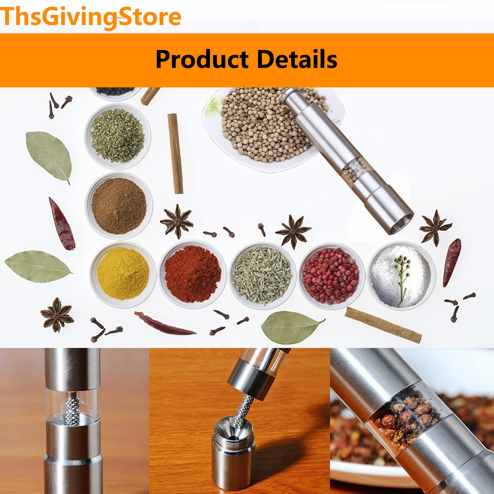 Thumb Pepper Grinder, Push Button Salt And Spices Pepper Fine Mill, One Hand Pepper Stainless Steel Grinder For Grains, Spices,