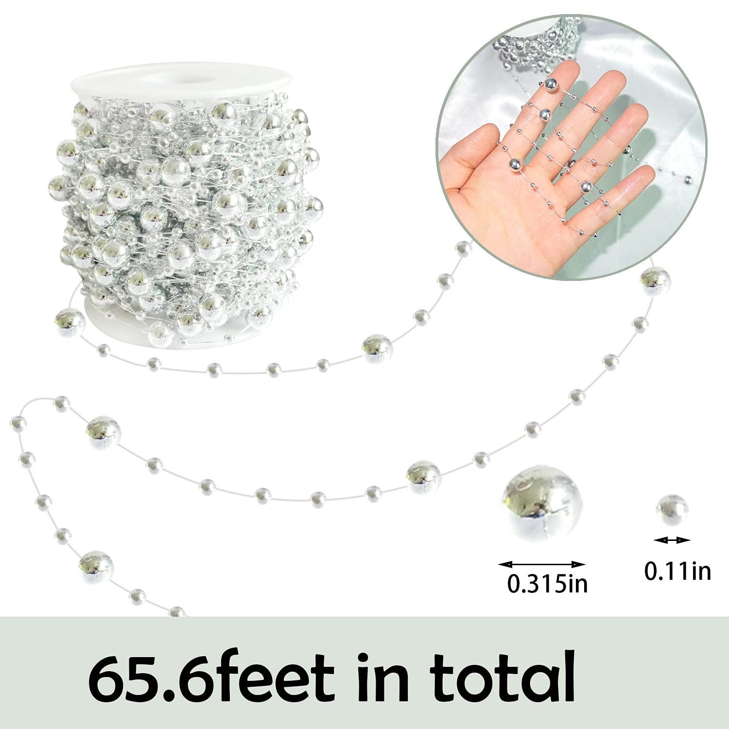HADDIY Christmas Tree Beads Garland Decoration,66 Feet Silvery Pearl Strands Chain for Christmas Tree Decor,Crafts and Holiday D