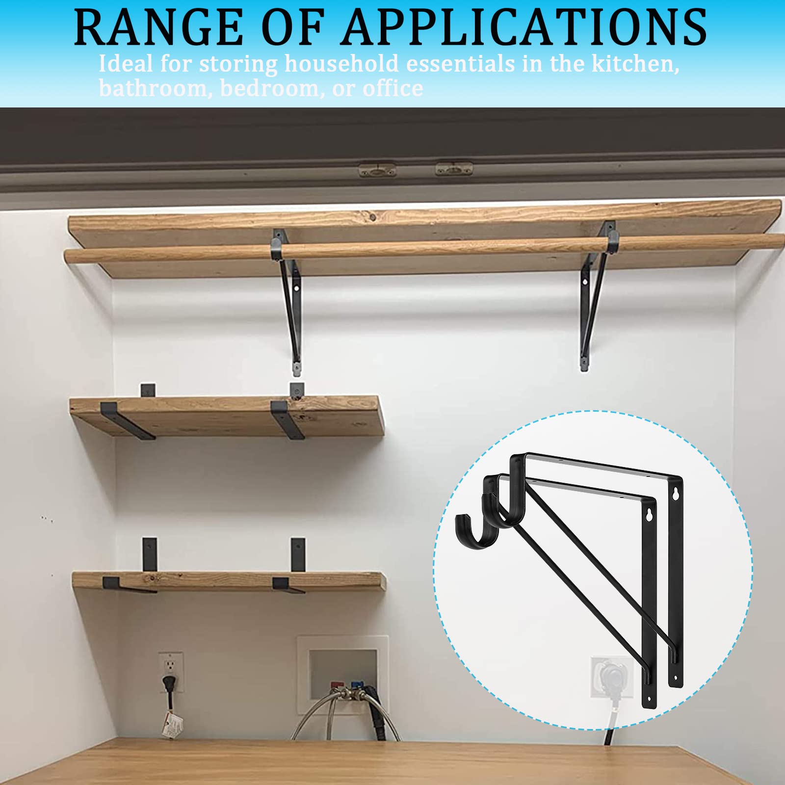 Ayaygd 4Pcs Heavy Duty Black Closet Rod Brackets 11 X 11 Inch,1-3/8Inch Diameter Shelf And Rod Bracket Holder For Home And Close