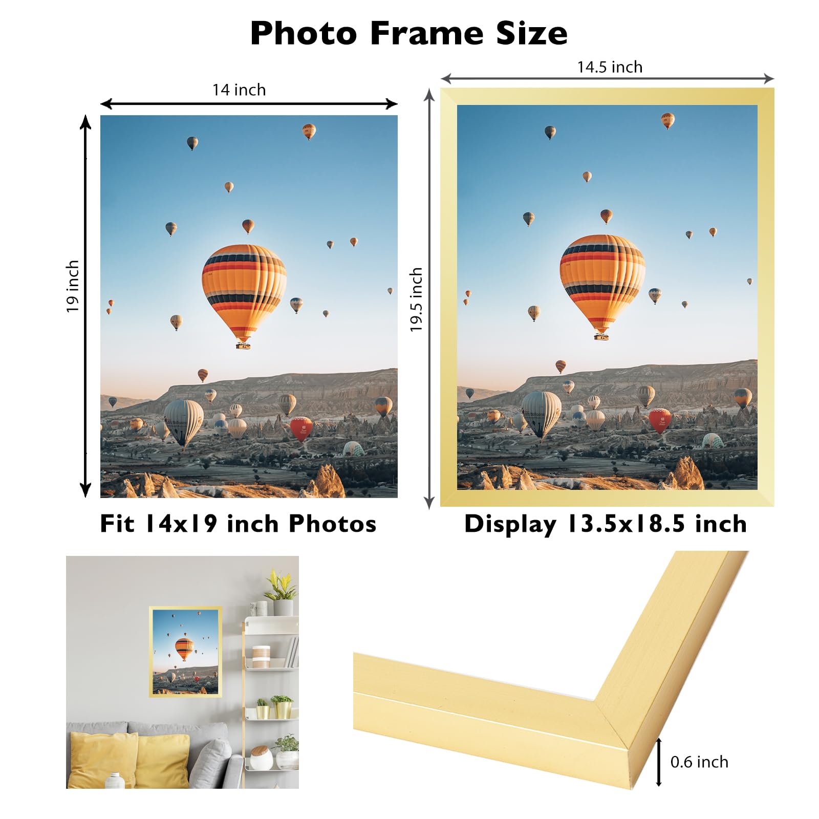 JCJMY 14x19 Picture Frame Gold for Poster Photo Picture, Horizontal and Vertical Formats for Wall Hanging, 14 x 19 Wall Gallery