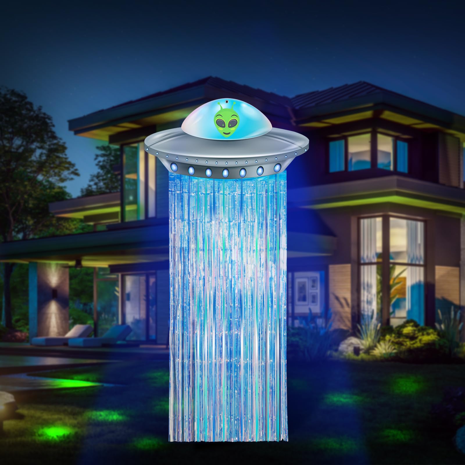 Simgoing Alien Birthday Party Decorations Door Curtain with Foil Fringe Tinsel Spacecraft Flying Saucer Spaceship Hanging Banner