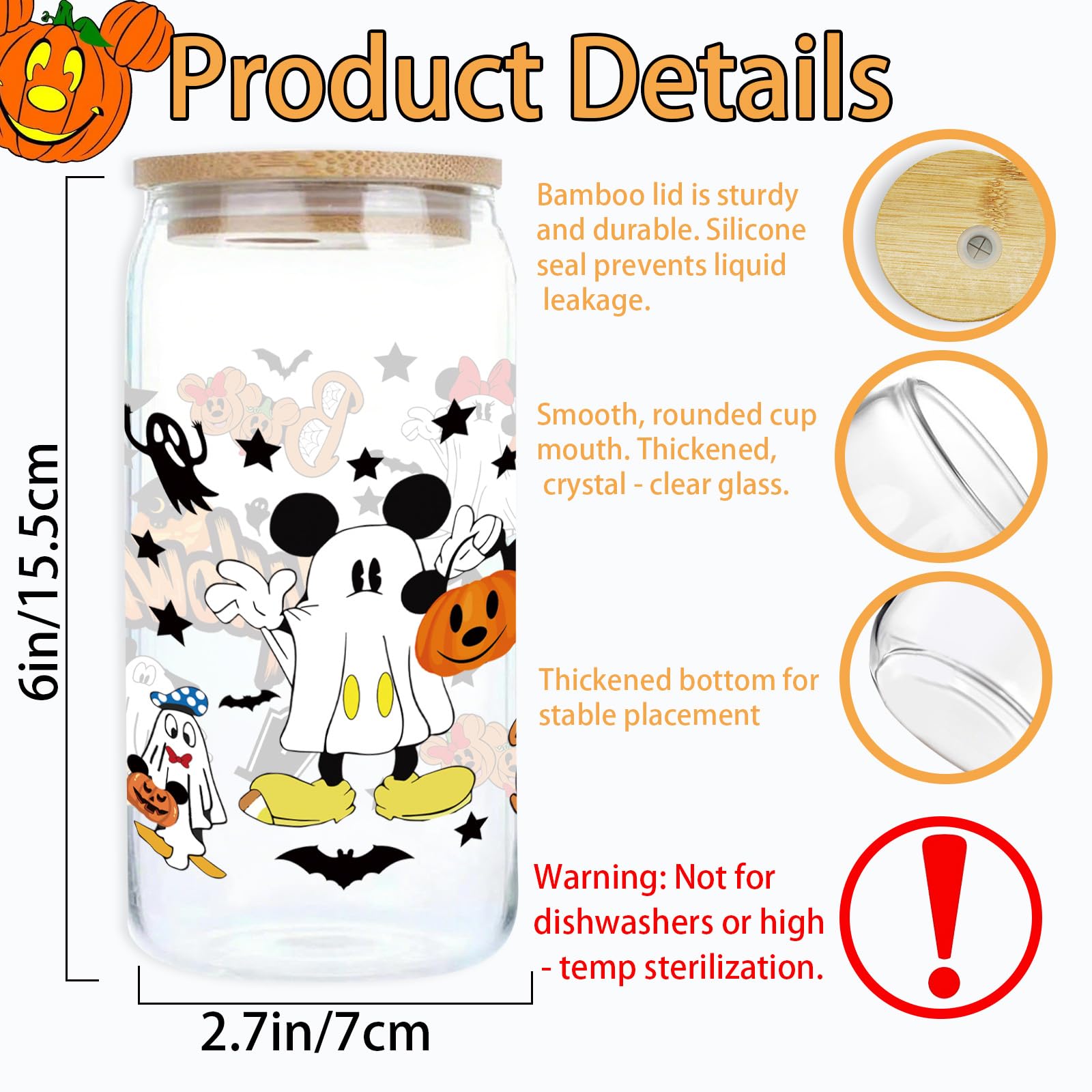 qiyeyeye 16oz Halloween Ghost Glass Cups with Lids and Straws, Cute Mouse and Pumpkin Pattern Design, Iced Coffee Tumblers,Hallo