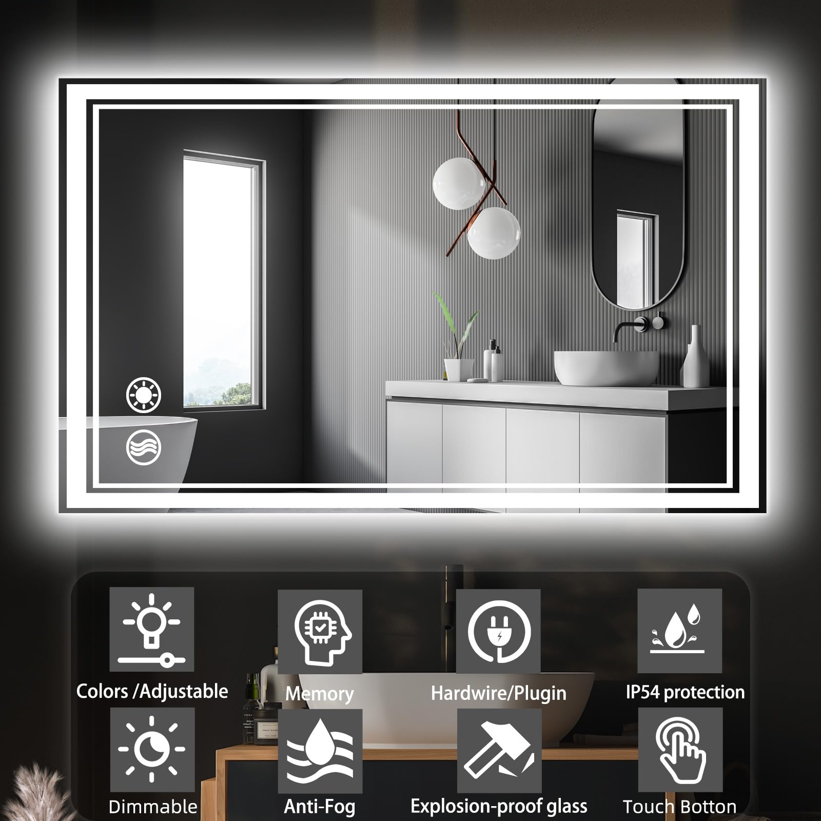 Wuenlux 48 X 28'' Led Mirror For Bathroom Anti-Fogging Bathroom Mirror With Lights Stepless Dimmable 3 Colors Front And Backlit