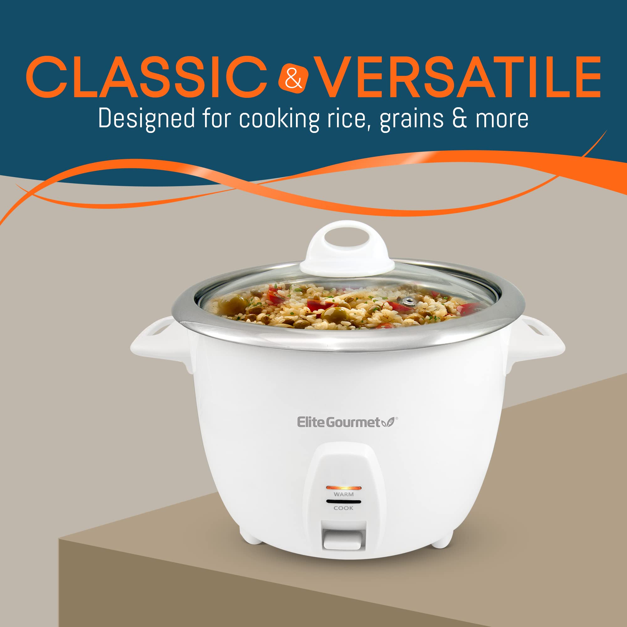 Elite Gourmet ERC-2010 Electric Rice Cooker, 10 Cups, Stainless Steel Inner Pot, White, Keep Warm Feature