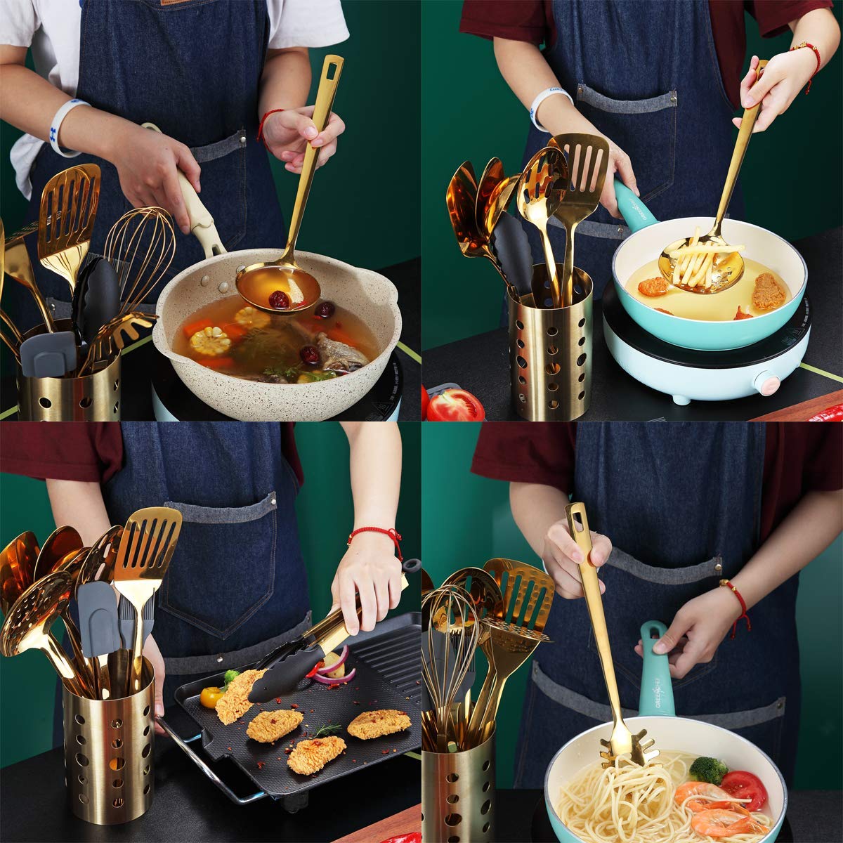 Berglander Gold Cooking Utensils Set, Stainless Steel 13 Pieces Kitchen Utensils Set With Titanium Gold Plating, Kitchen Tools S