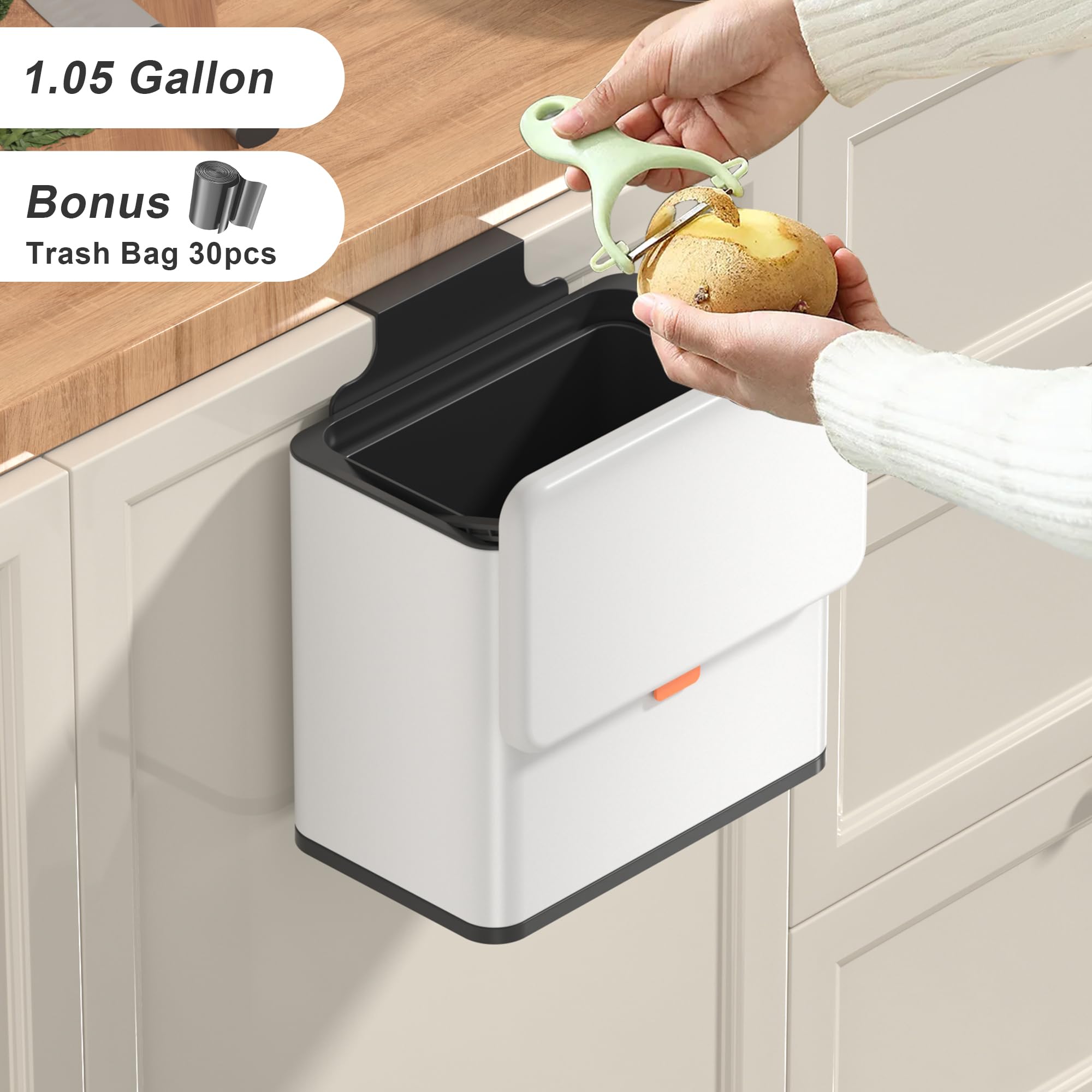 Mbillion Kitchen Compost Bin Hanging Trash Can With Lid 1.05 Gallon Stainless Steel Garbage Can For Kitchen Cabinet Door Mounted