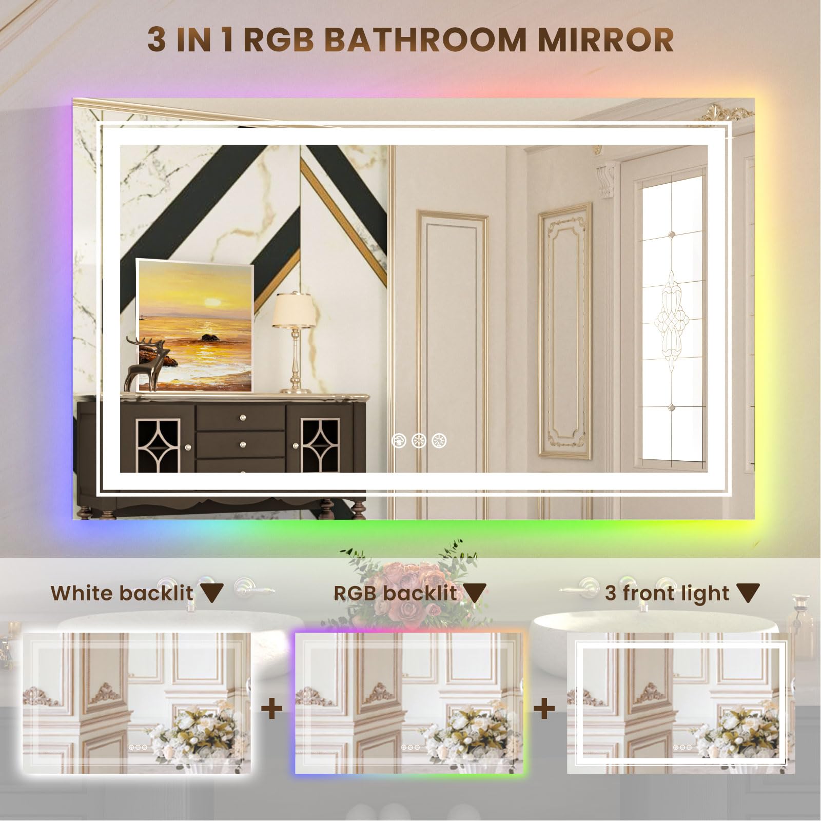 Wtty Led Bathroom Mirror 40''X36'' With Rgb Backlit And Front Light,Stepless Dimmable Led Mirror For Bathroom,Lighted Bathroom V