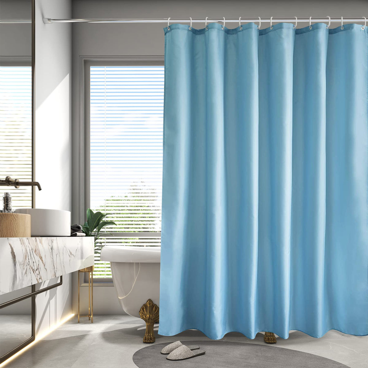 Aoohome 72X96 Inch Fabric Shower Curtain Liner, Waterproof Extra Long Bathroom Curtain For Hotel With Hooks, Weighted Hem, Blue