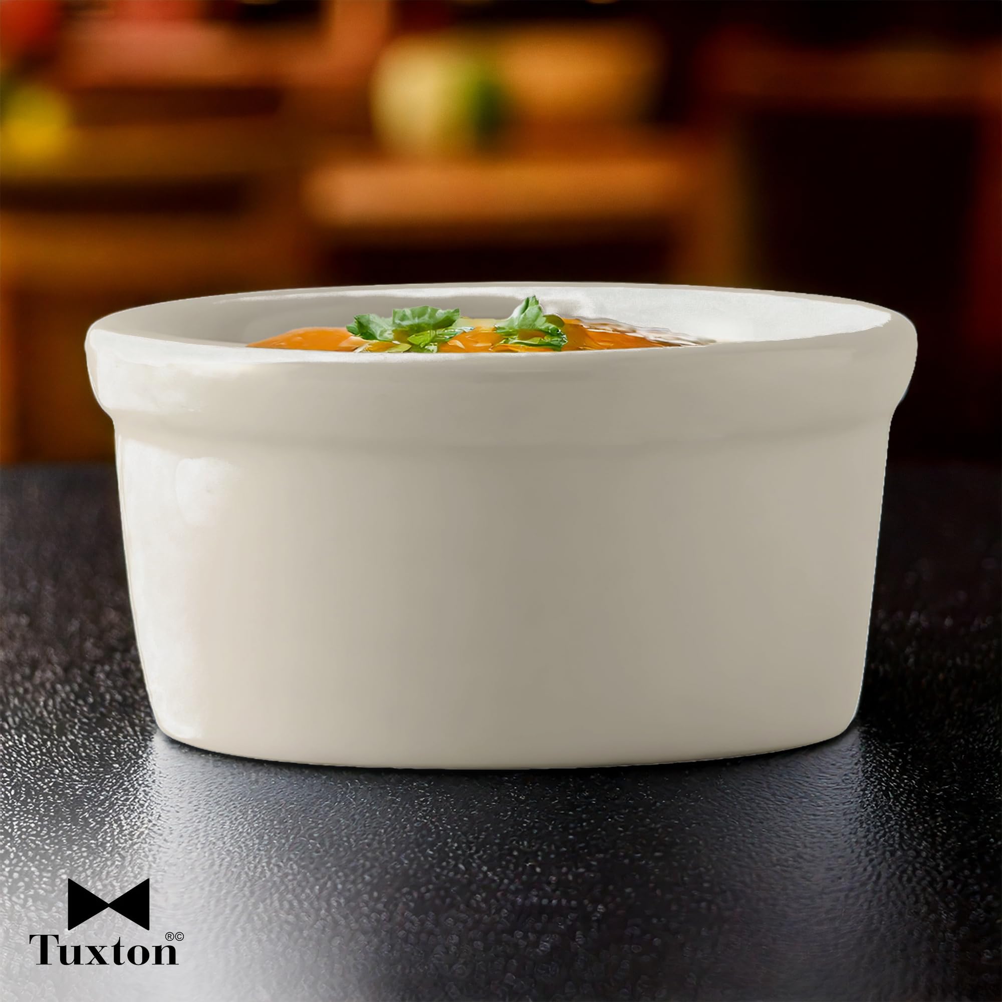 Tuxton China Bex-035 Ramekin, 3-1/2 Oz., 3-1/4'' Dia. X 1-5/8''H, Microwave & Dishwasher Safe, Oven Proof, Fully Vitrified, Lead