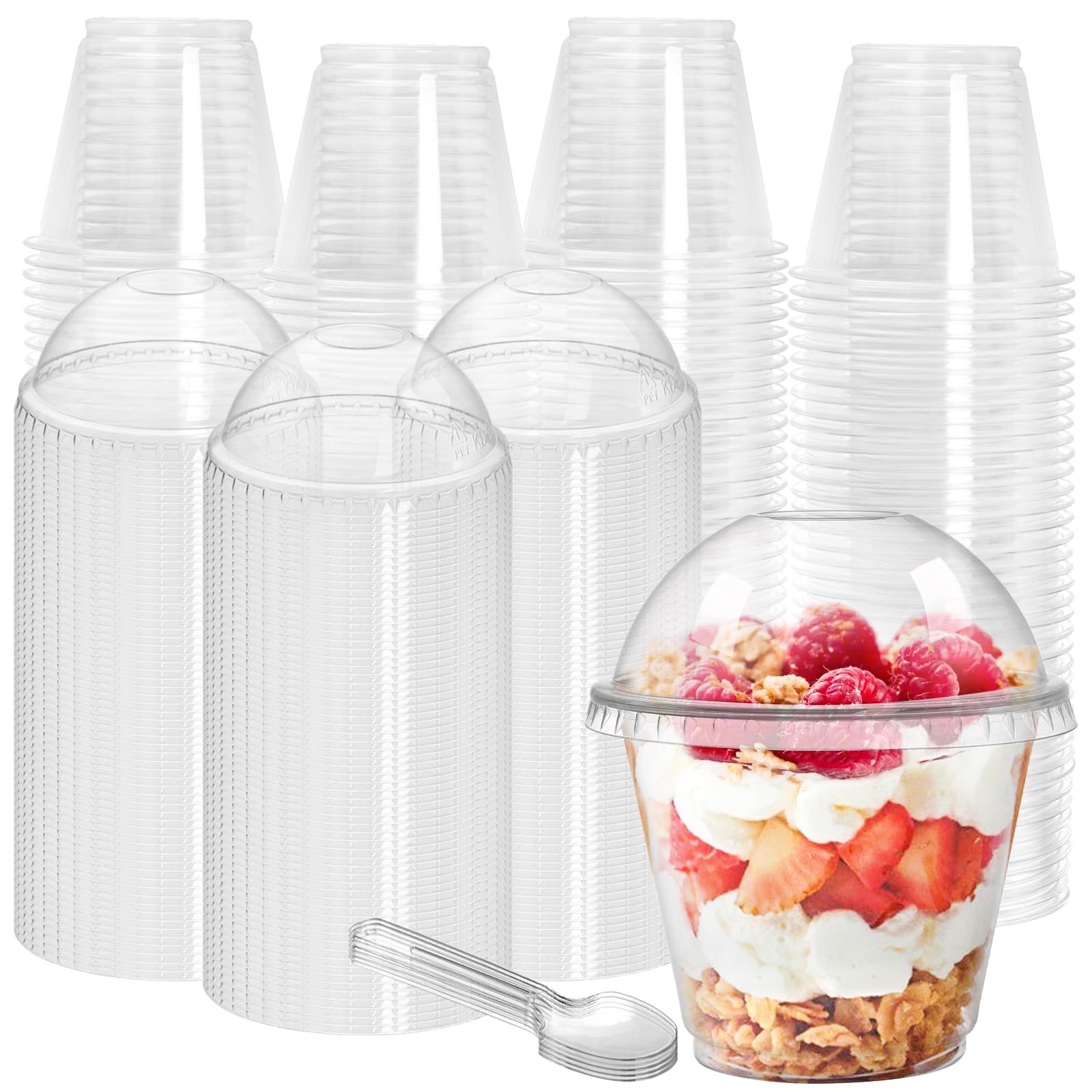 Coloch 100 Pack 9 Oz Clear Plastic Dessert Cup With Dome Lid And Spoon, Disposable Pet Crystal Parfait Cup Take-Out Liquid Conta